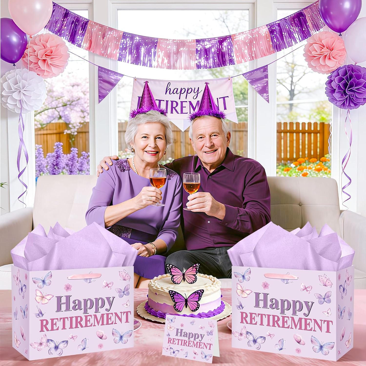 TagreSpike Happy Retirement Gift Bag for Women, Purple Butterfly Retirement Party Decorations Retired Gift Bags with Card Tissue Paper for Women Coworker Teacher Nurse Retirement Party Supplies 11.8"