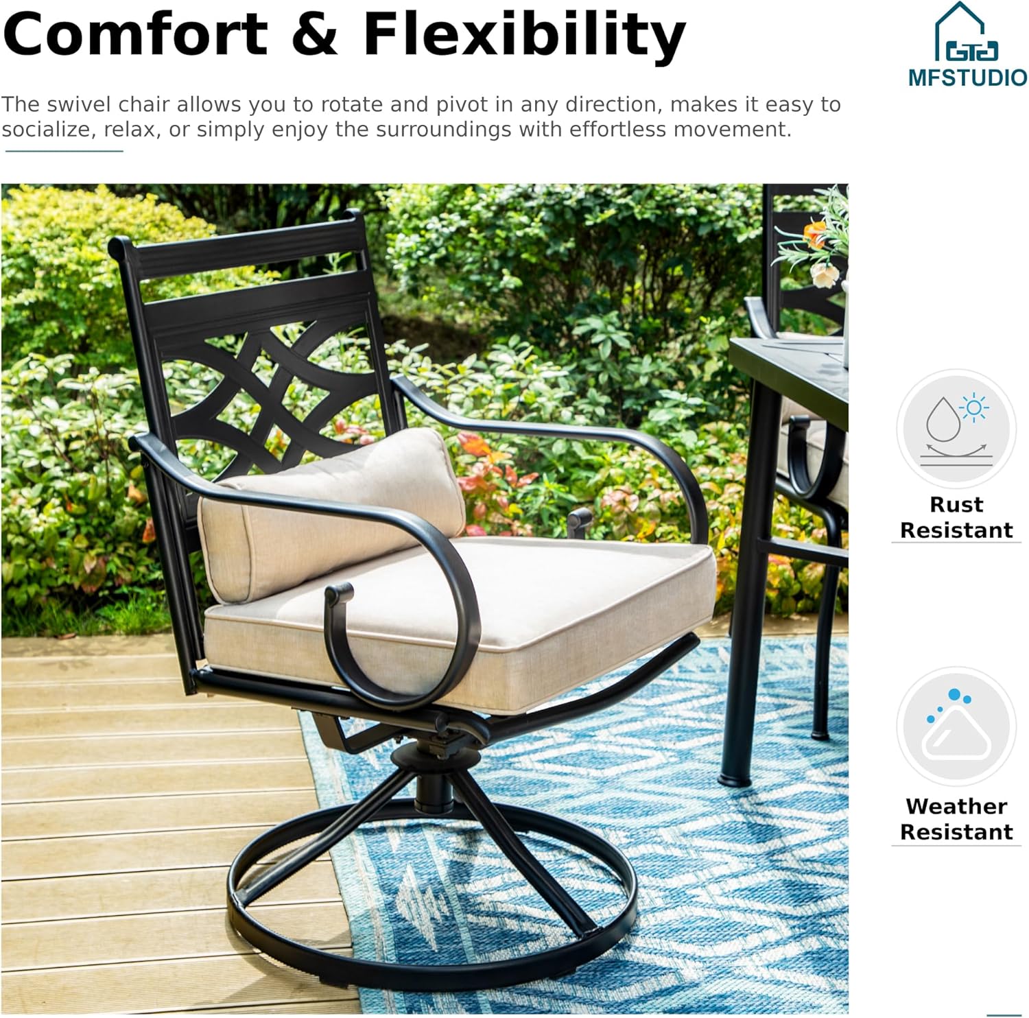 MFSTUDIO Patio Dining Sets for 4, Round Outdoor Dining Set with Umbrella, Patio Furniture Set with Umbrella for Deck, Poolside, Backyard, Garden (Umbrella Base Not Included)