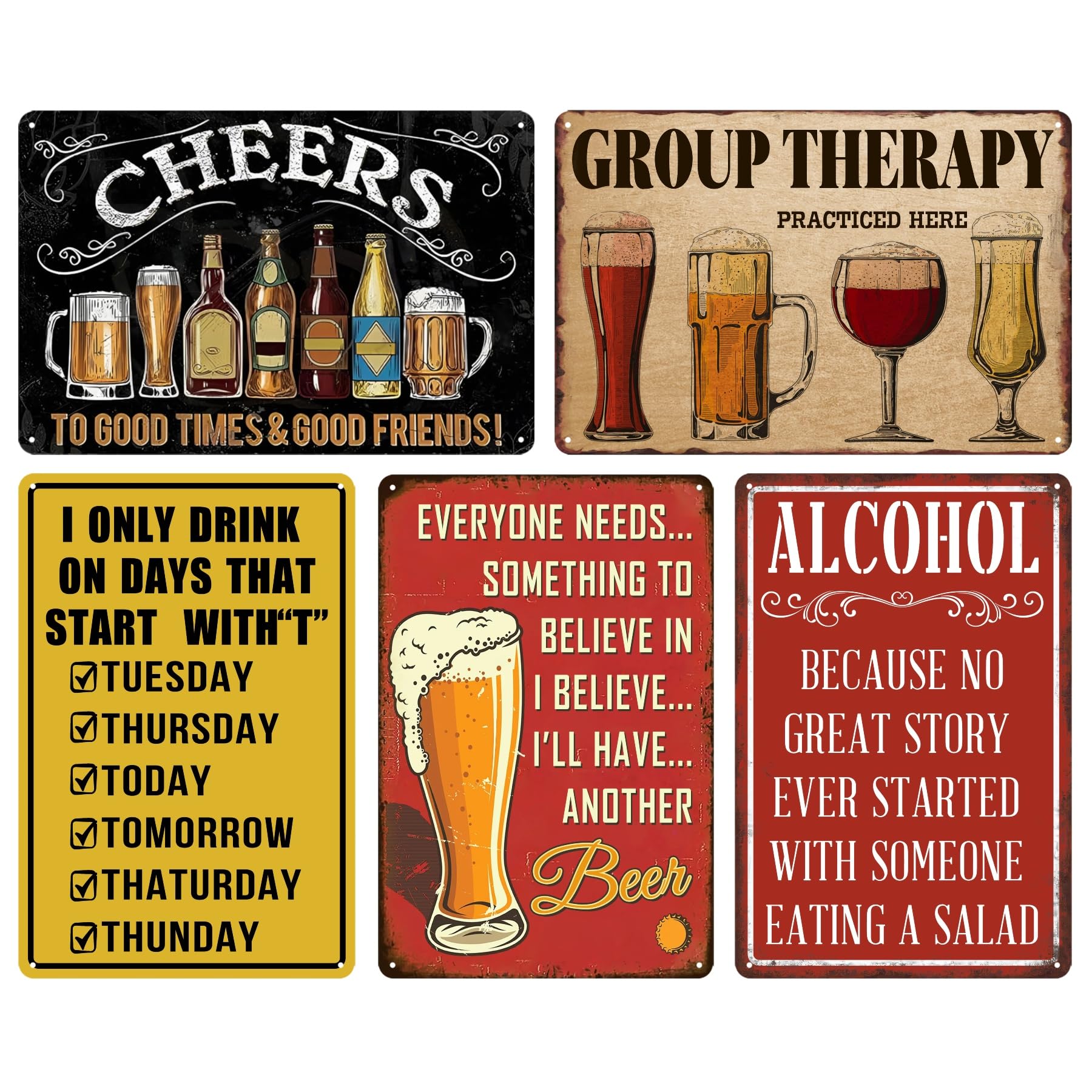 5 Piece Funny Bar Signs Set, Vintage Metal Tin Wall Decor for Home Bar, Man Cave, Garage, Basement, Pub, Retro Metal Signs for Wall, Gifts for Men & Women, 8x12 Inch