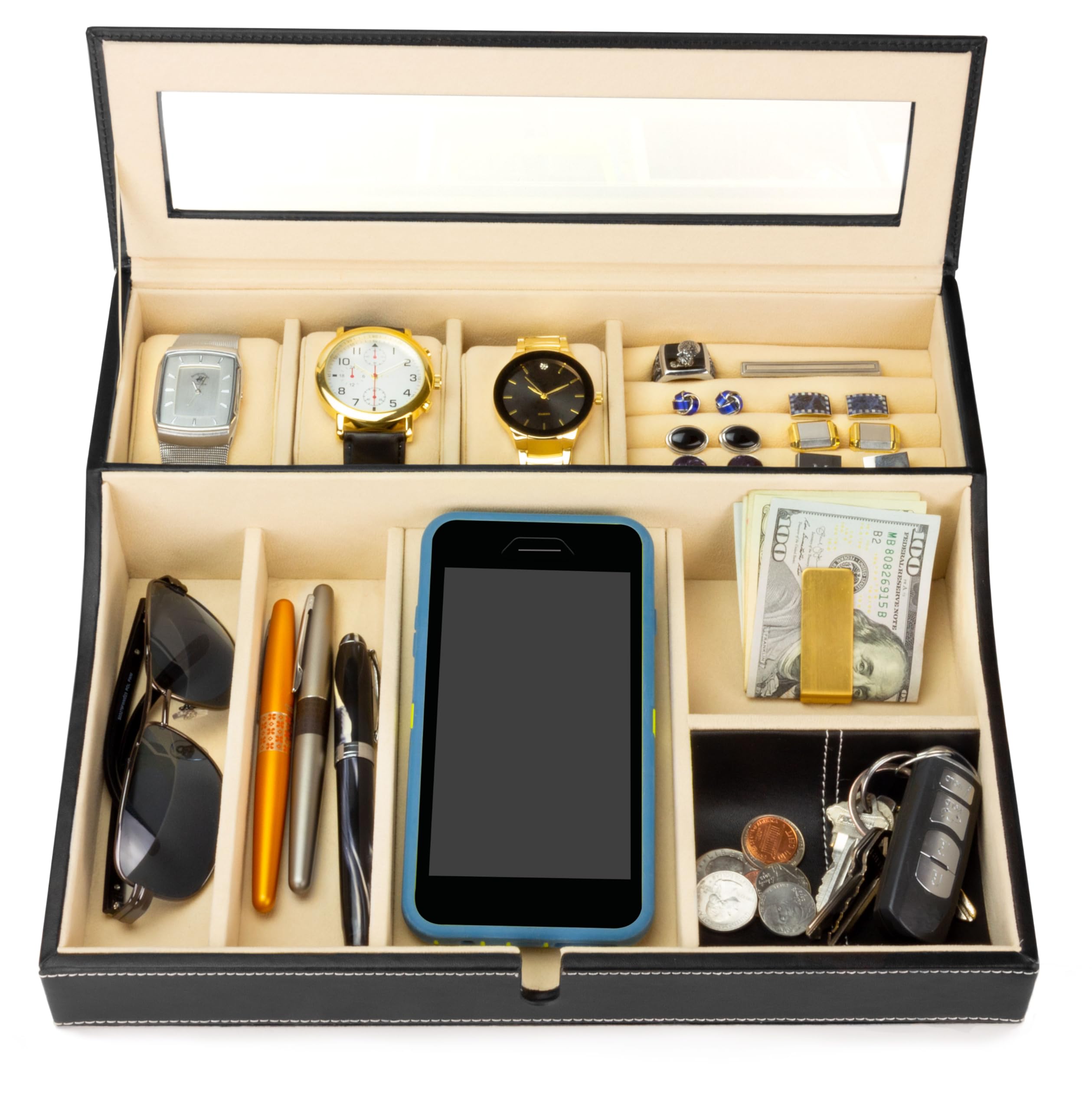 HOUNDSBAY Navigator Big Dresser Valet Tray for Men with Watch Box Jewelry Organizer & Smartphone Charging Station (Ivory) (B07MQFW699) Amazon Price History, Amazon Price Tracker