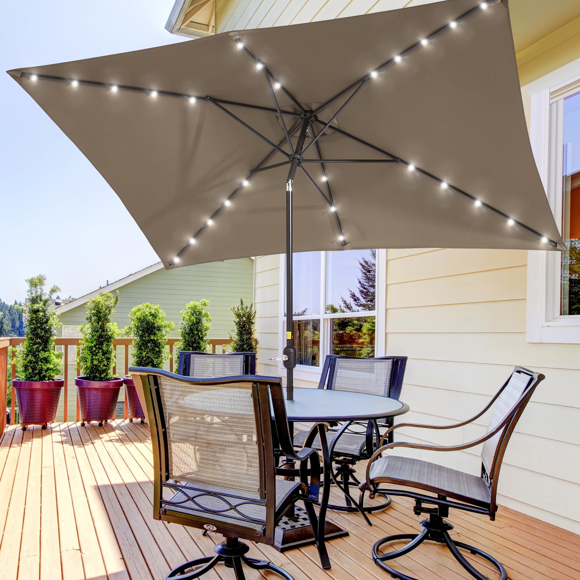 SANLUCE Rectangle patio umbrella with solar lights, 10x6.5ft umbrella outdoor patio with Tilt & Crank Market Umbrella 6 Sturdy Ribs UV Protection