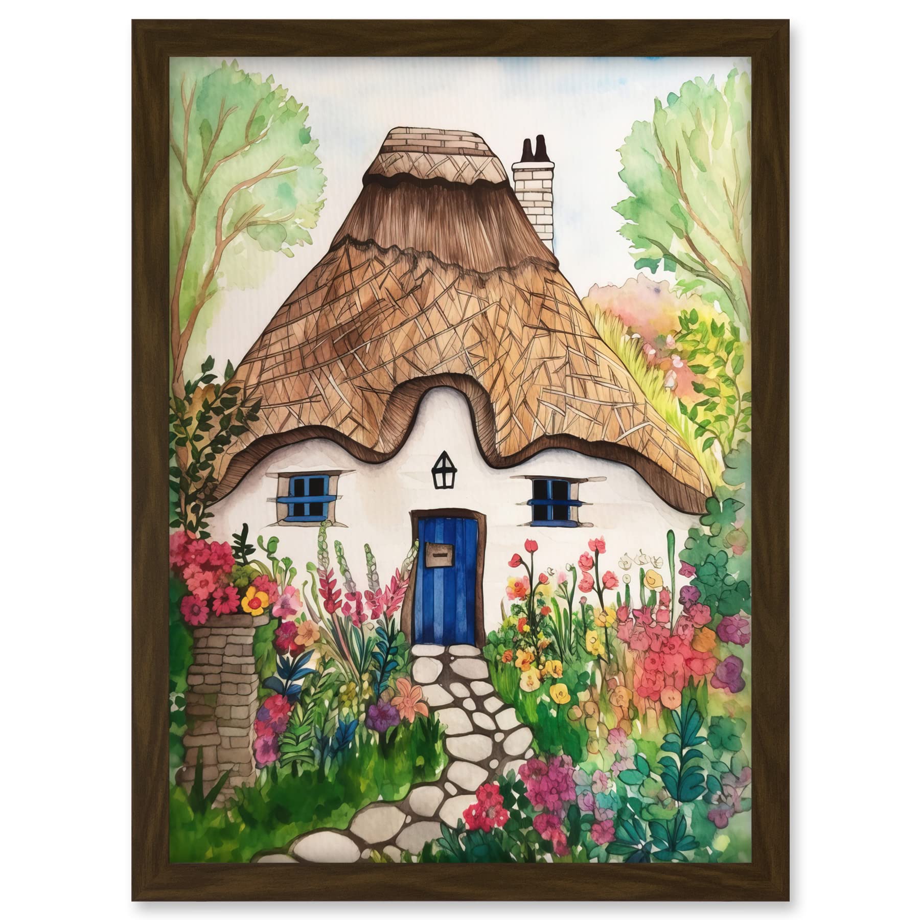 Artery8 The Cottage In The Forrest Flowers Folk Art Artwork Framed A3 Wall Art Print