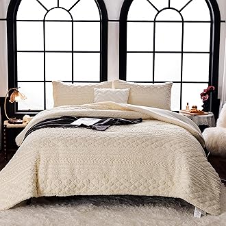 COTTEBED Sherpa Fluffy Comforter Sets KING Size Bed, Boho Tufted Cal KING Bedding Down Comforter, Lightweight Super Soft Reversible Washed Cotton Shabby Plush Fleece Sherpa All Season, Off White Ivory
