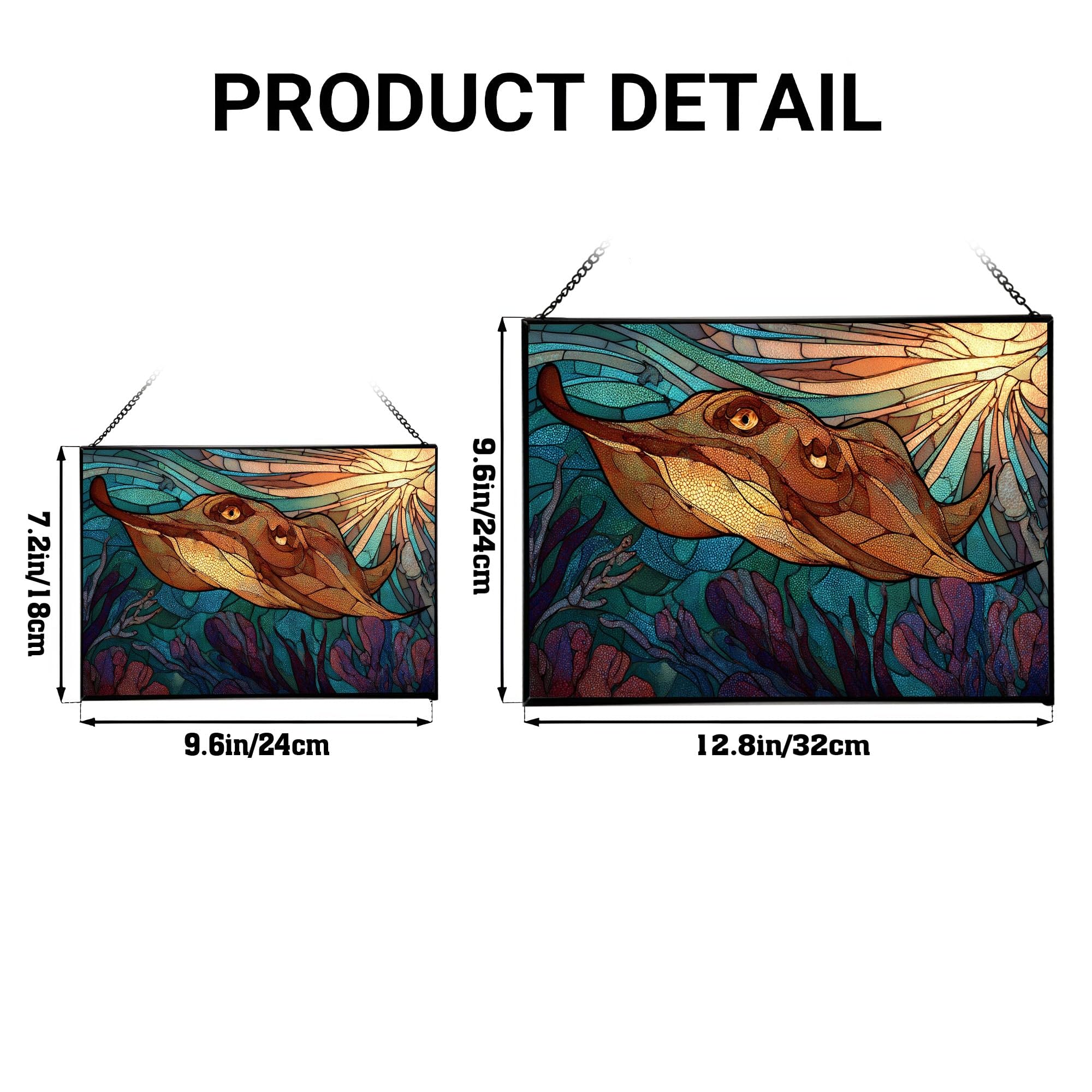 Electric ray Ocean Animal Stained Glass Suncatcher – Rectangular Hanging Window Panel with Underwater Scene – Glass Art Gift for Coastal Decor and Sea Lovers, Christmas, Halloween 9INGoA