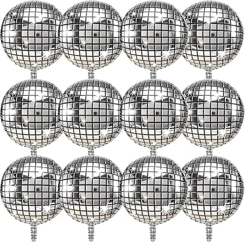 Globos de bola de discoteca de 22 pulgadas, 12 globos de discoteca 4D, globos de aluminio autosellantes, globos grandes de espejo metálico plateado