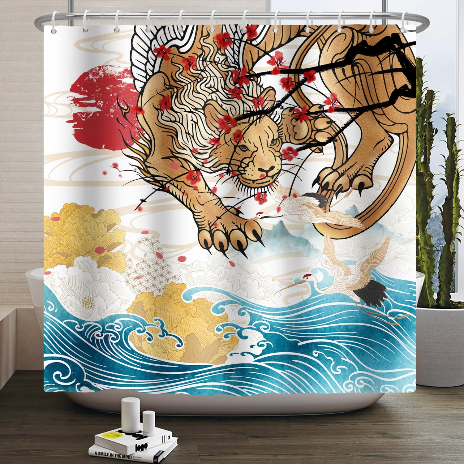 SDOTPMT 165x180cm Japanese Tiger Shower Curtain Japan Ocean Fuji Mountain Red Sun Cherry Blossoms White Crane Asian Japanese Traditional Ukiyo-e Art Bathroom Curtains with Hooks — image 1