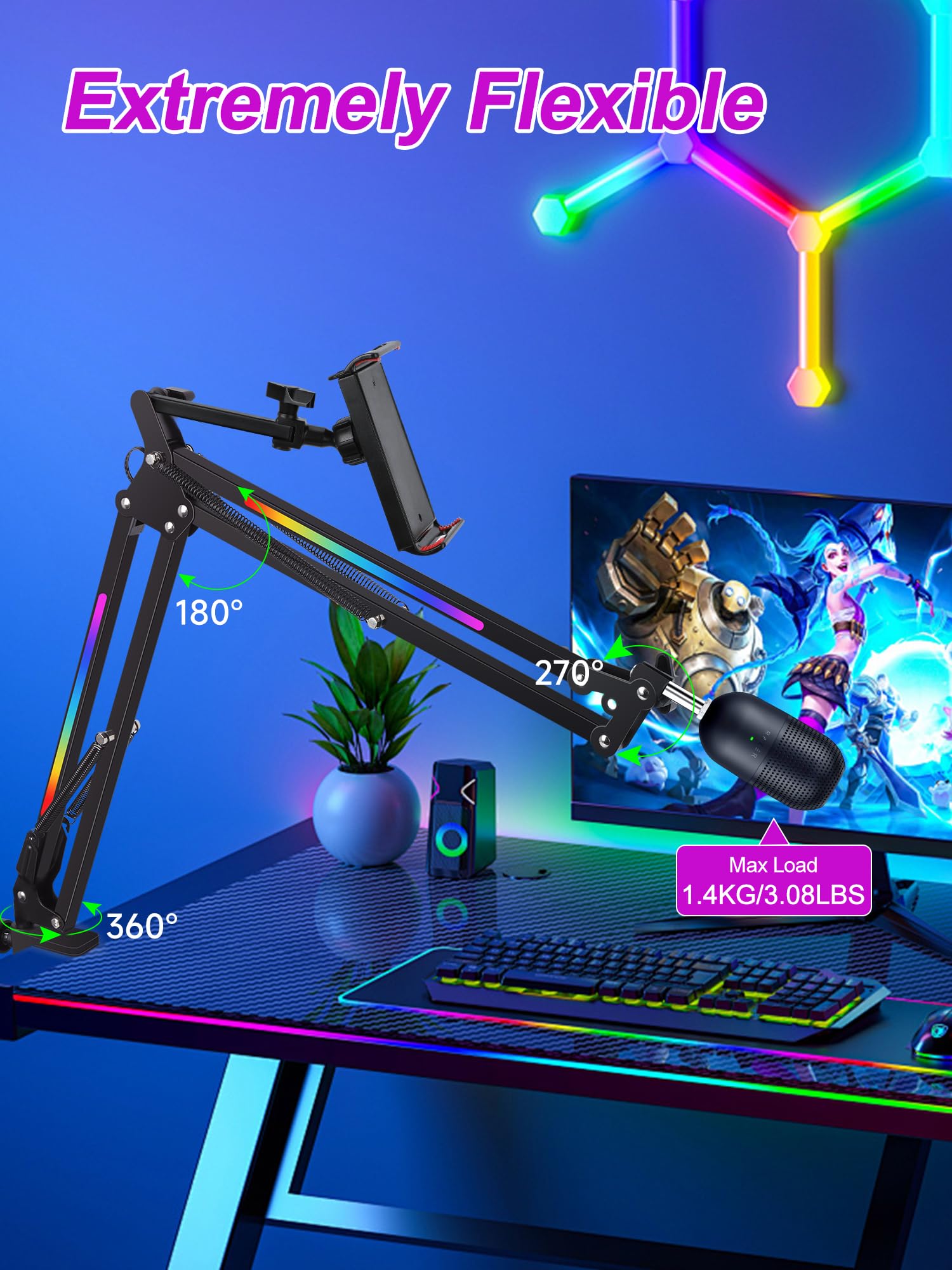 RGB Microphone Boom Arm Stand - Mic Arm for Blue Yeti Mic, HyperX Mic, FIFINE AM8 Mic, Razer Seiren Mini and Most Microphone, Mic Stand Desk by YOUSHARES - Image 4