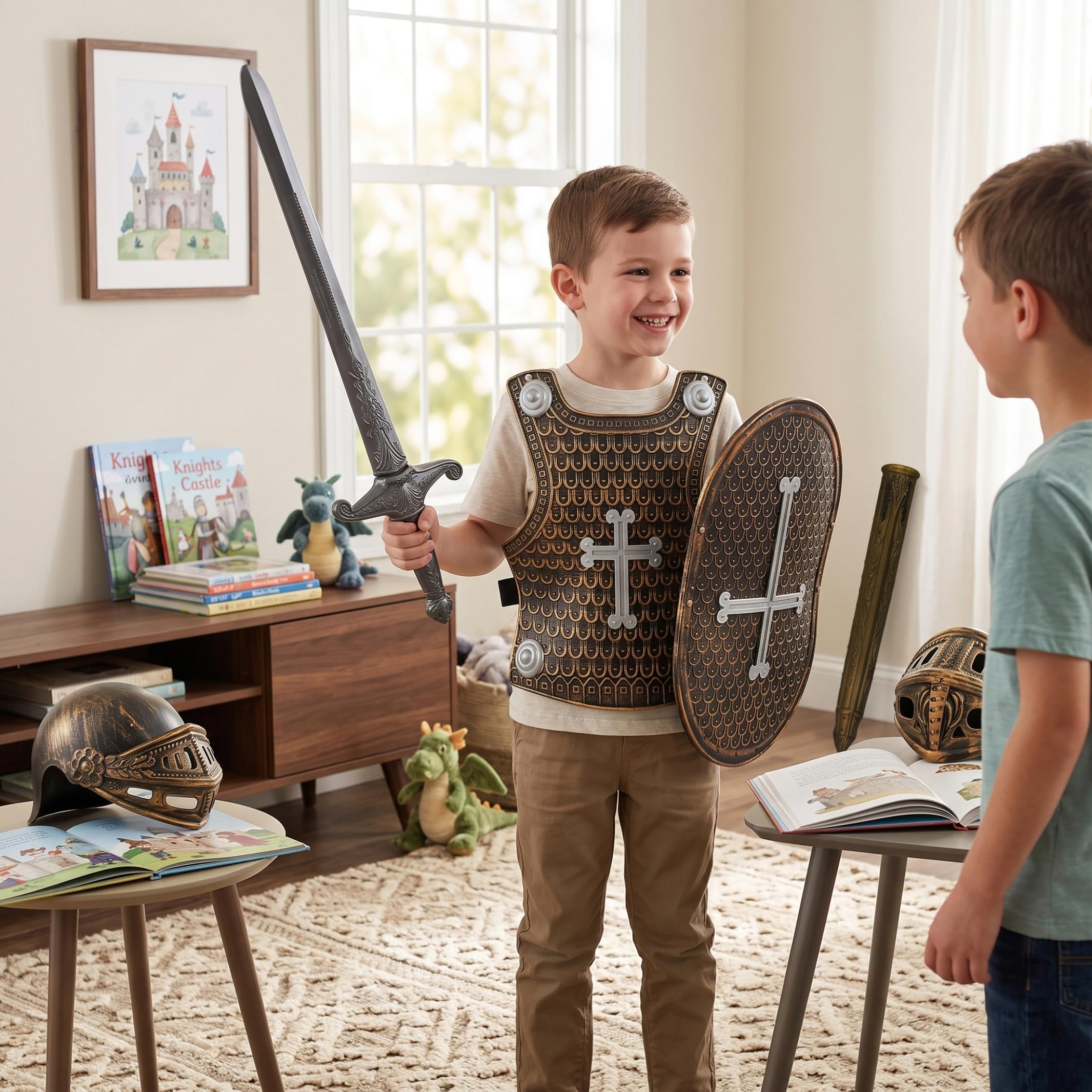 Tsawntd Costume da cavaliere per bambini, 2 set, scudo e spada, Os grigio | Kit cavaliere completo, vestibilità regolabile, ottimo per giochi di ruolo, feste di compleanno
