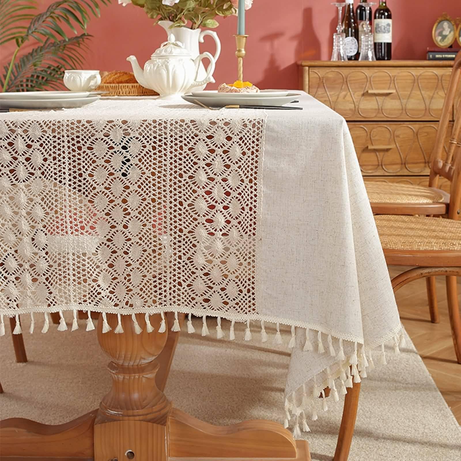 Tovaglia Antimacchia, Tovaglie 140 x 300 cm Pizzo lavorato a maglia cavo con nappa in Poliestere Copritavolo per Tavolo da Pranzo, Cucina, Festa CompleannoBeigeStile 2