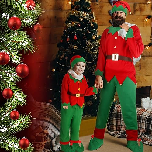 Miniatura 7 de Newcotte Disfraz de elfo de Navidad para niños y adultos, disfraz de elfo, sombrero de elfo, vestido de Papá Noel, calcetín y cinturón