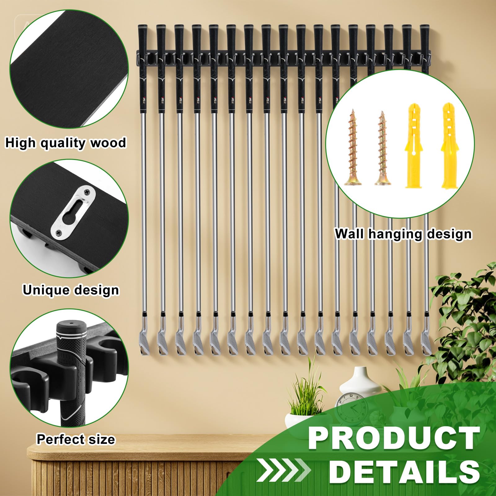 Blueweenly Wooden Golf Club Holder Wall Mount Golf Club Rack Hanger Organizer for Wall Display Garage Putters with Screws, Grip up Type