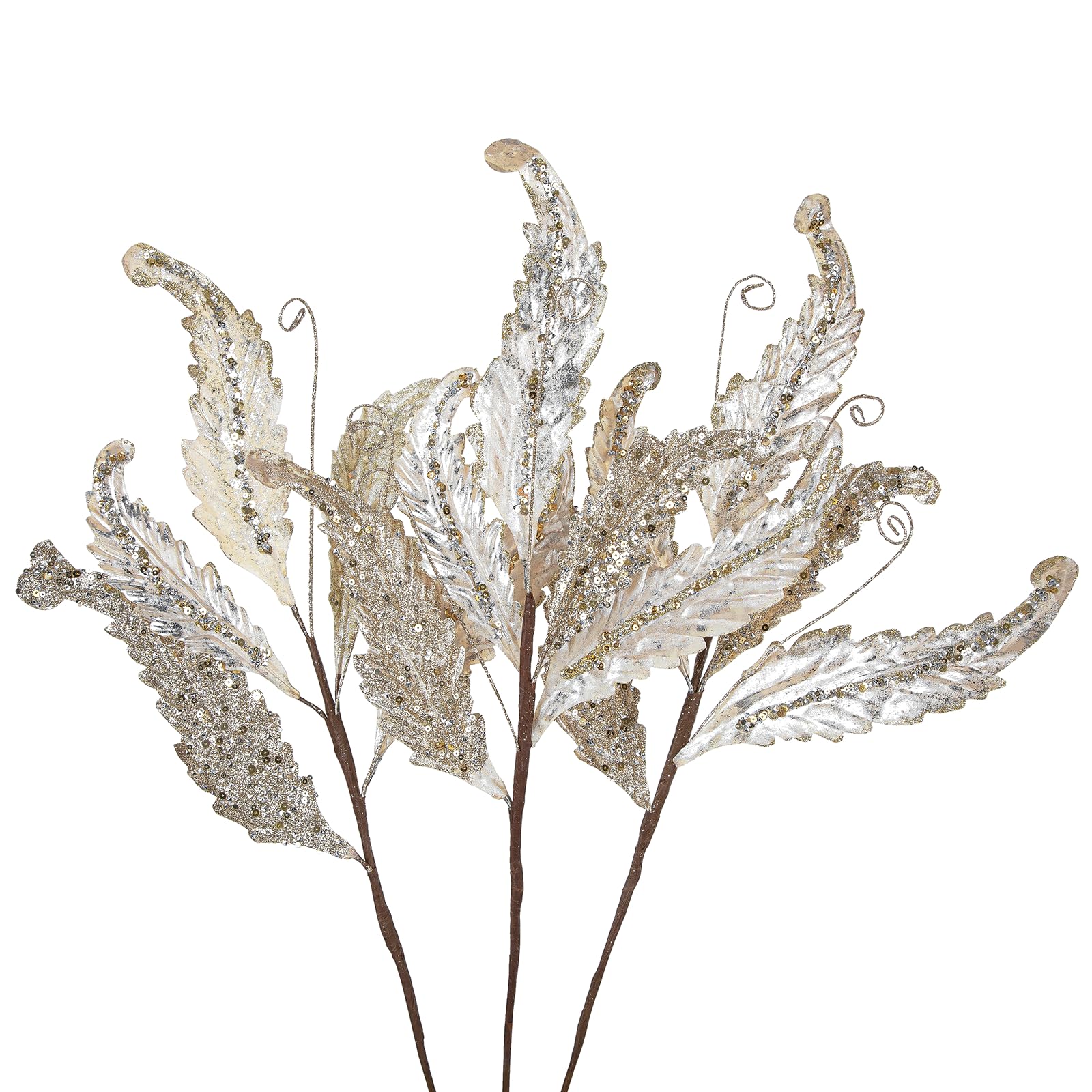 Christmas Artificial Leaves Set of 3 Sparkling 27 Inch Faux Decorative Foliage with Spray Stems Perfect for Holiday Home Decor Festive Party Decorations and Seasonal Celebrations?Champagne?