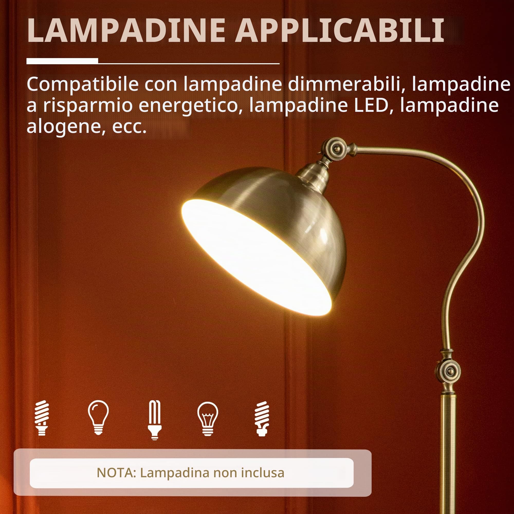 HOMCOM Lampada da terra paralume regolabile 40W attacco E27 Bronzo | Lampada a terra, lampada ad arco, design retrò, per soggiorno, camera da letto, lampadina non inclusa.