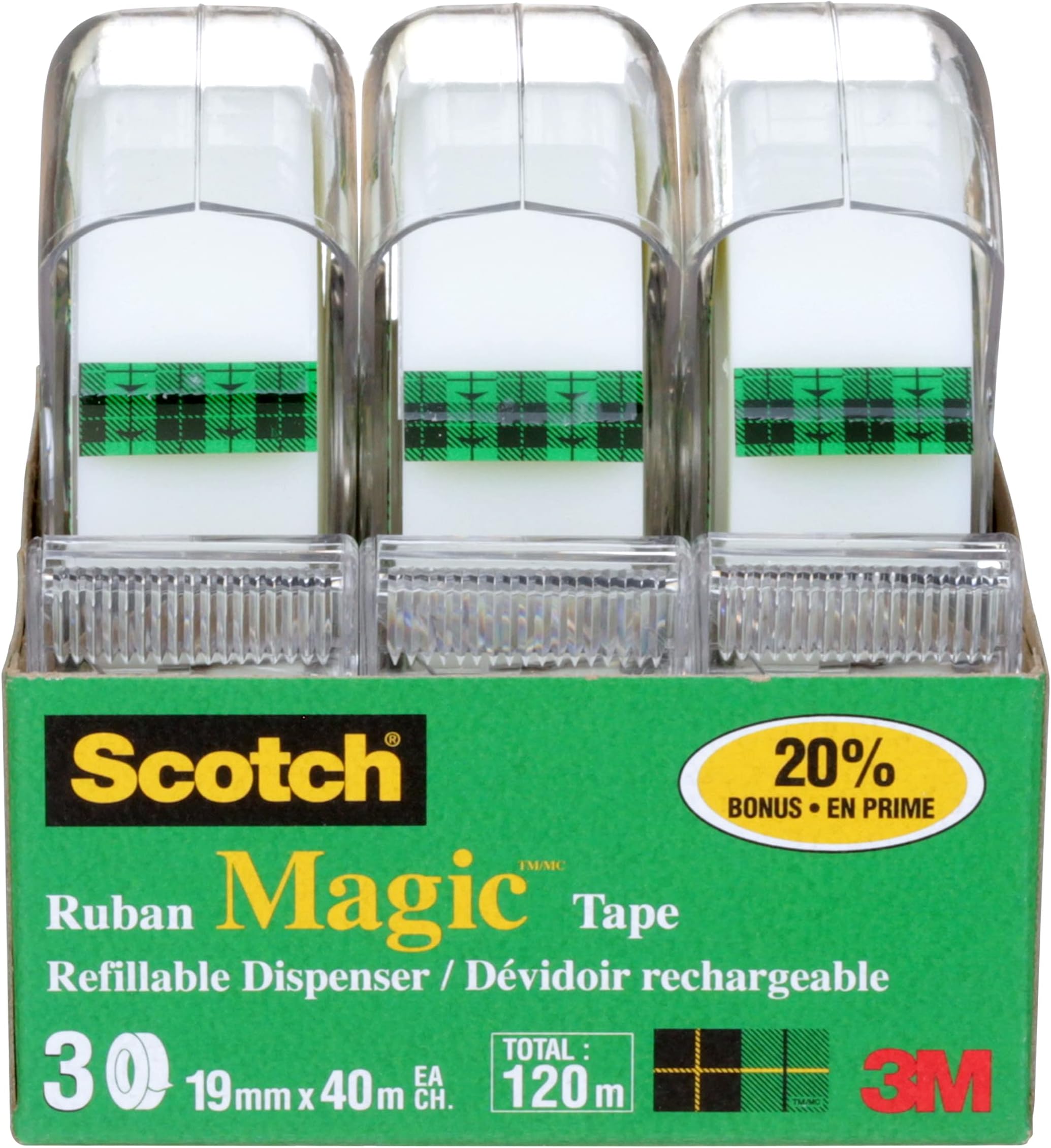 Scotch Tape Magic Tape, 19 mm Wide x 40.0 m, 3 Rolls with Dispensers