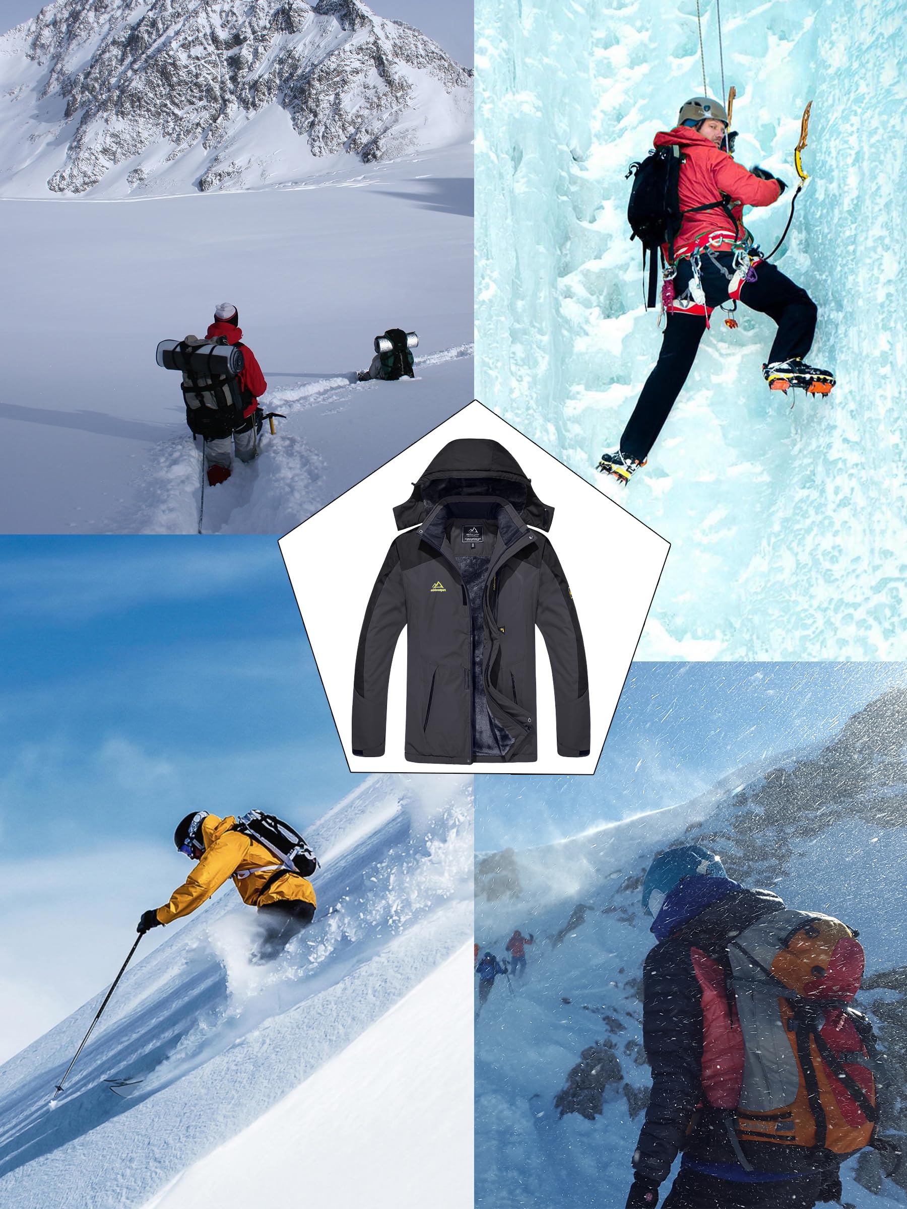 KEFITEVD Hombre Impermeables Lana Chaquetas Impermeables Esquí Cálidos Invierno Abrigos Térmicos Exteriores Abrigos con Capucha Desmontable — view 7