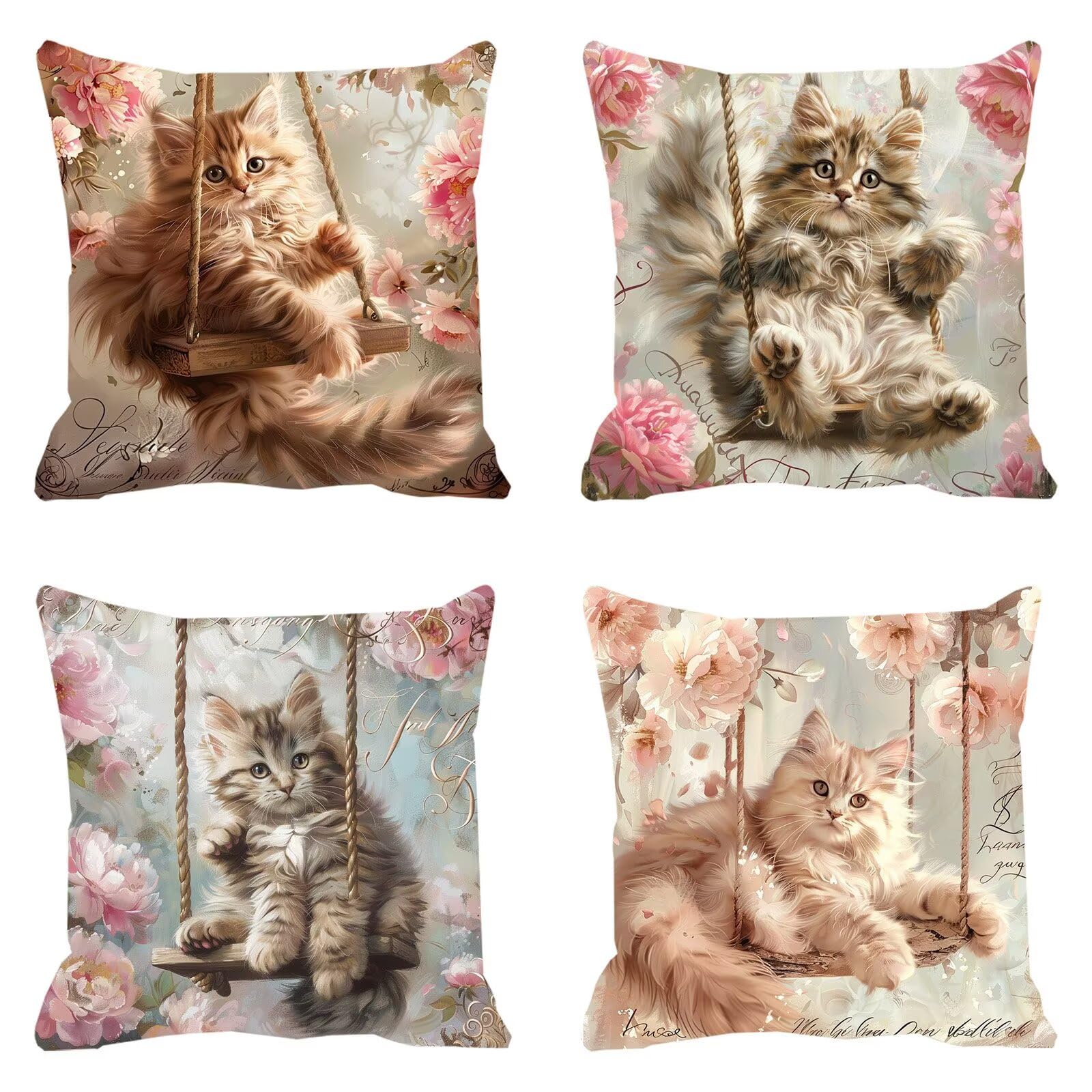 Lot de 4 Housses de Coussin Canapé 55x55cm Décoratives Double Face Taie d'oreiller en Velours Balançoire Coussin Carré Chat Taie d'oreiller pour Chambre, Bureau, Salon Canapé Voiture Ferme F0P-640