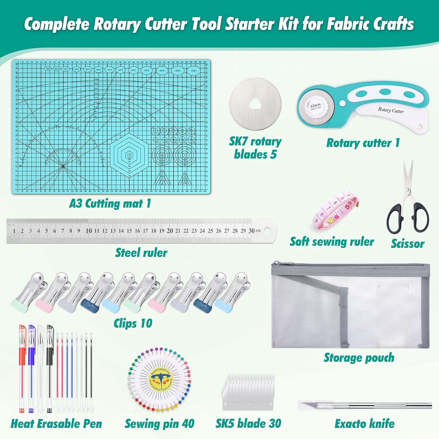 Rotary Cutting Mat and Tools Set, Audab 45mm Fabric Cropping Cutter Wheel with A3 Self Healing Sewing Mat, Blades, Quilting Ruler and Clips, Crafts Knife for Shirt Cloth Patchworking Scrapbooking