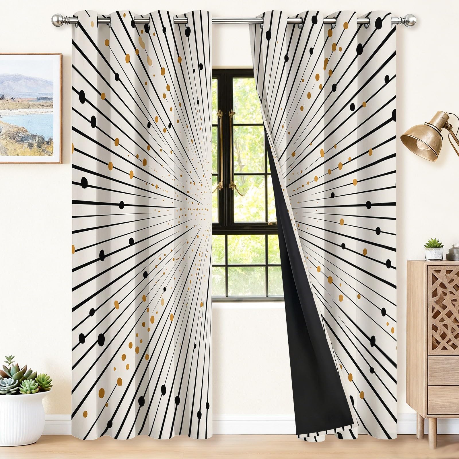 Beige Verdunklungsvorhänge mit Ösen B110 x H215 cm 2er Set - Modern Modisch Punkte Streifen Hell Vorhang Blickdicht Thermovorhang Kälteschutz für Wohnzimmer, Schlafzimmer, Kinderzimmer, Flur