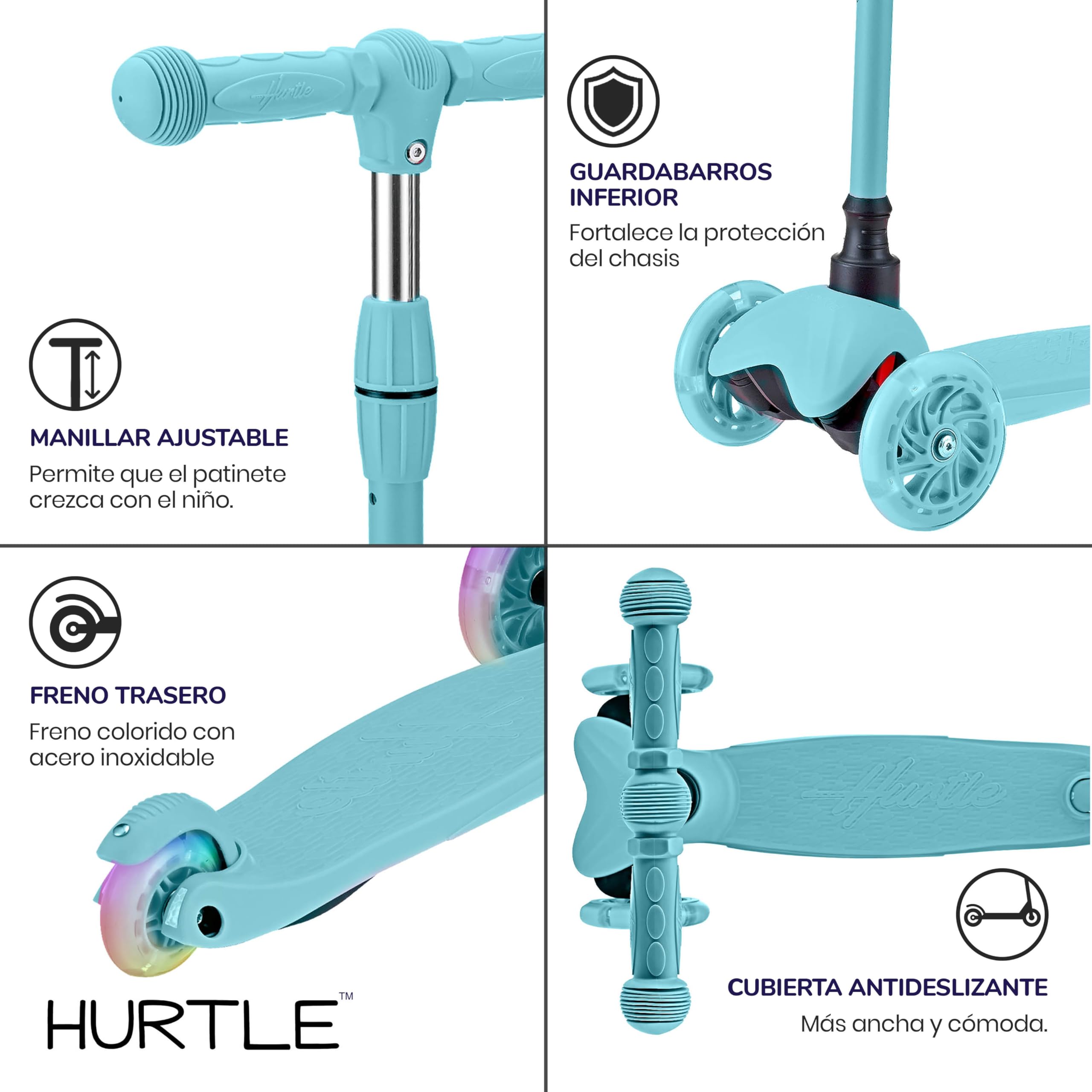 Hurtle Patinete, Scooter para niños, 3 Ruedas, Liviano, Luces LED, Antideslizante
