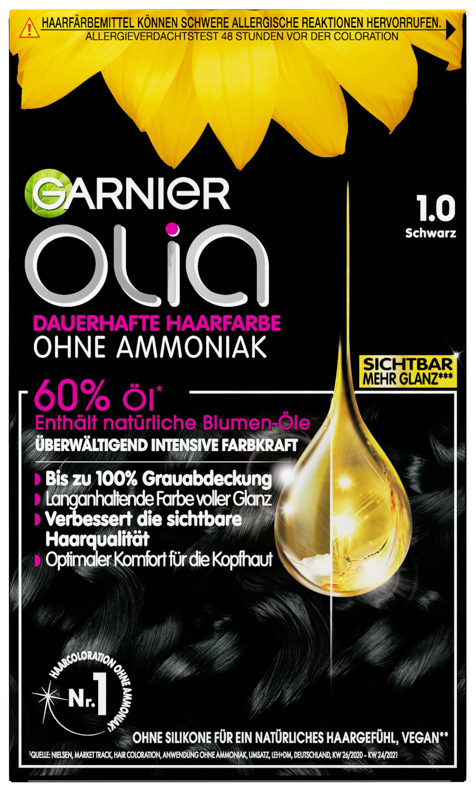 Garnier Olia Dauerhafte Haarfarbe 1.0 Schwarz, ohne Ammoniak, permanente Coloration, bis zu 100% Grauabdeckung, langanhaltende Farbe bis zu 8 Wochen, intensiver Glanz, 3 x 1 Stück