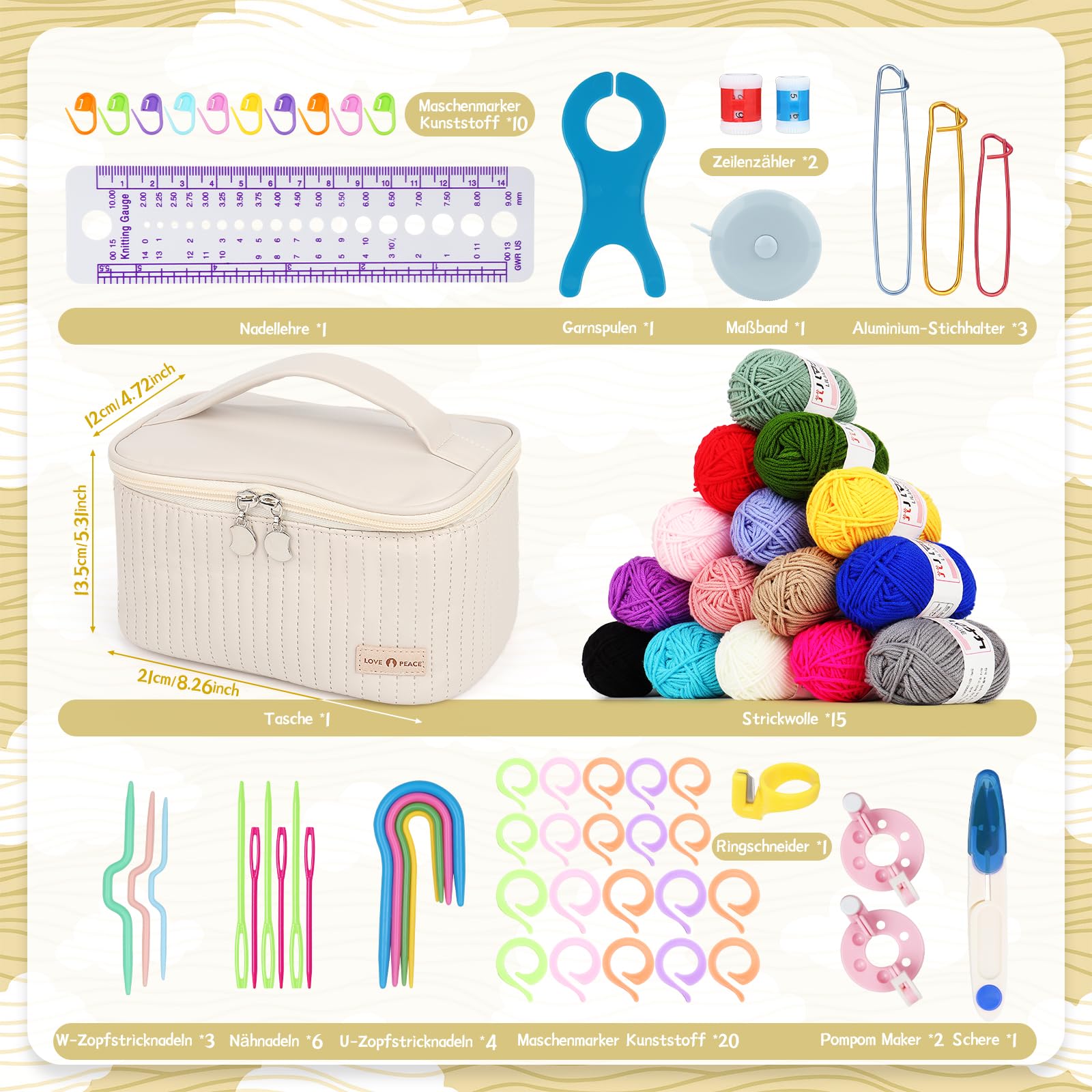 Aeeque Kit Crochet Débutant Complet Adulte 102 Pièces - 12 Aiguilles 0,6-1,9mm, 9 Crochets Ergonomiques, 15 Pelotes de Laine pour Tricot - Sac Beige Inclus