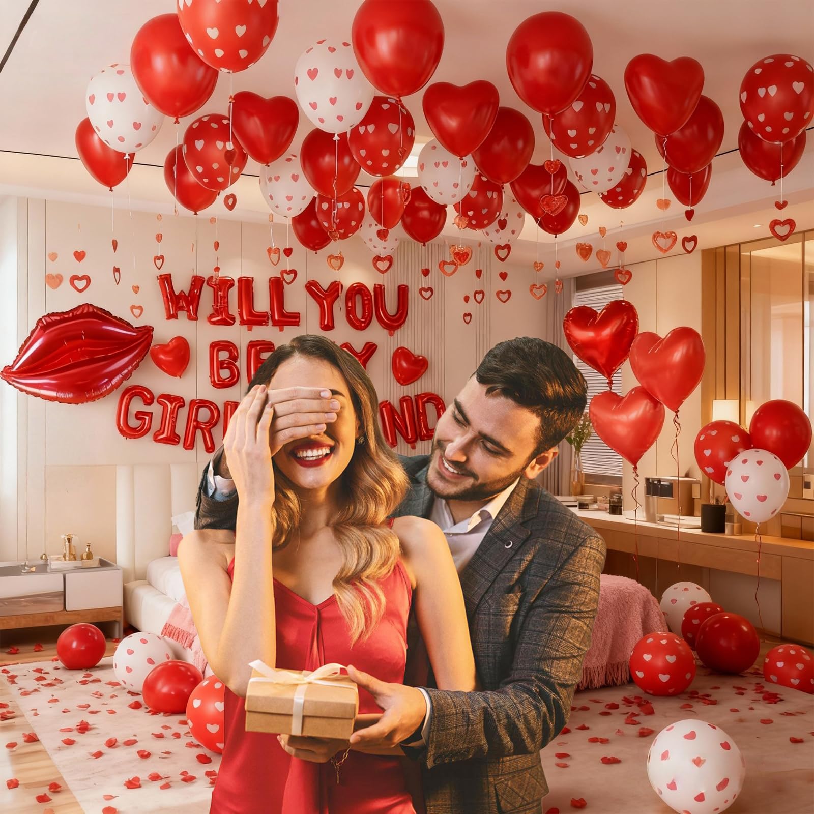 'Will You Be My Girlfriend' balon znak, 'Be My Girlfriend' propozycja, czerwony płatek róży, czerwone balony w kształcie serca, dekoracje walentynkowe