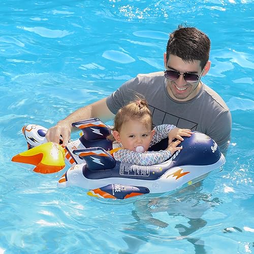 Miniatura 2 de Swimbobo - Flotador inflable para bebé con soporte inferior seguro y toldo de tela retráctil para nadar más seguros (azul espacial, grande)
