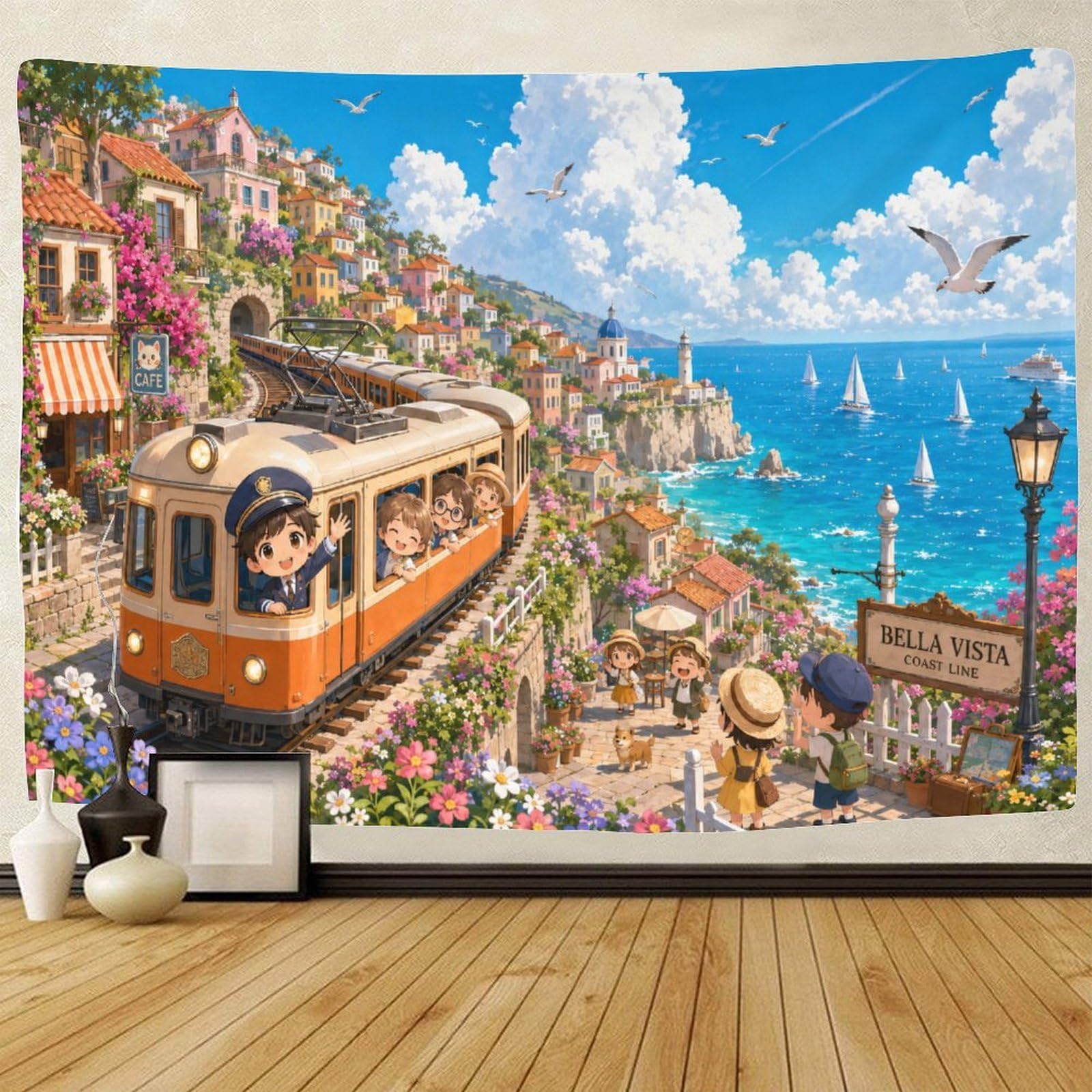 GPMNBCXZK Chibi Amalfi Coast Train 3D Print Wall Art Decor Wall Tapestry Tapestries Home Decoration Curtain Bedroom Living Room 100cmx150cm