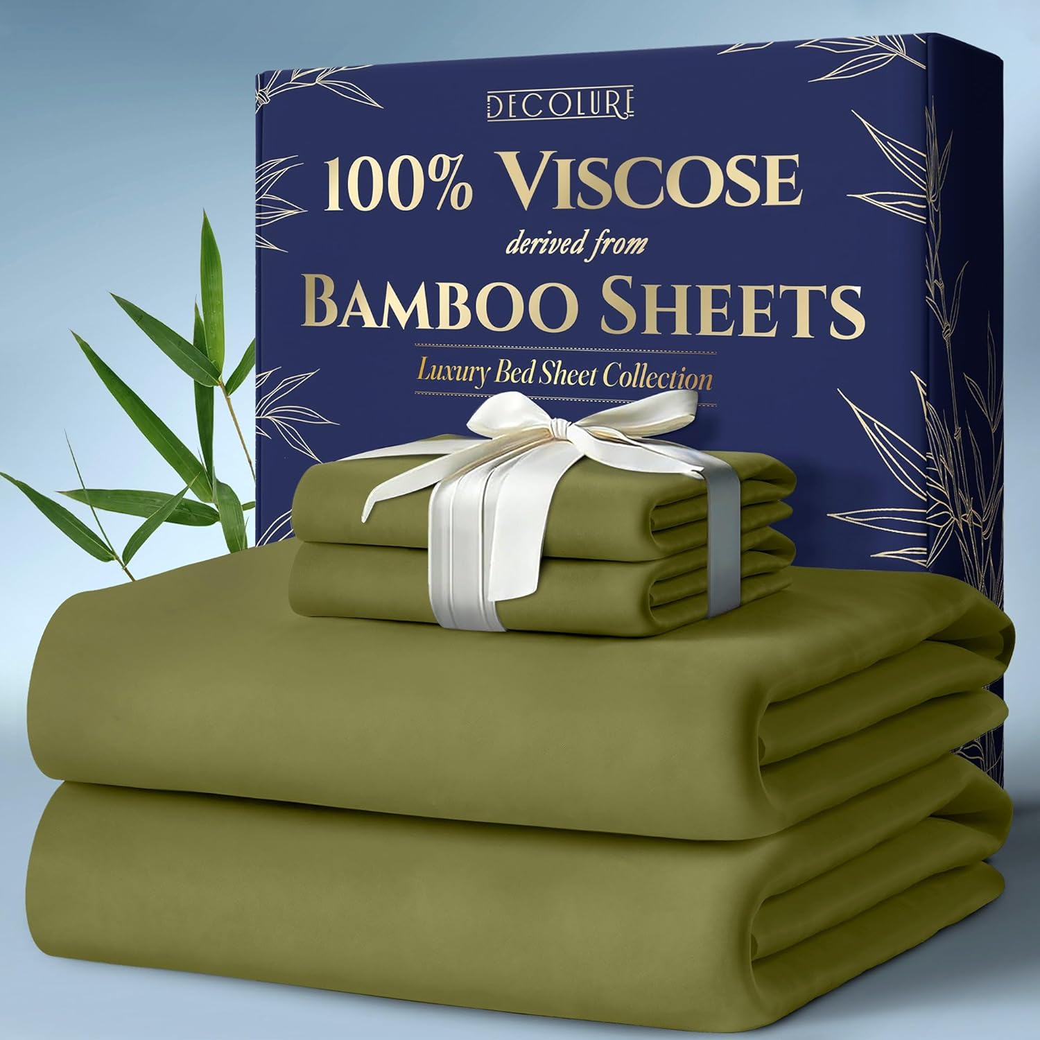 DECOLURE 100% Viscose Derived from Bamboo Sheets King Size 4pcs - Ultra Soft & Luxuriously Cooling, 17" Deep Pocket, Double Stitching, Perfect for Hot Sleepers - King Bed Sheets (Light Olive)