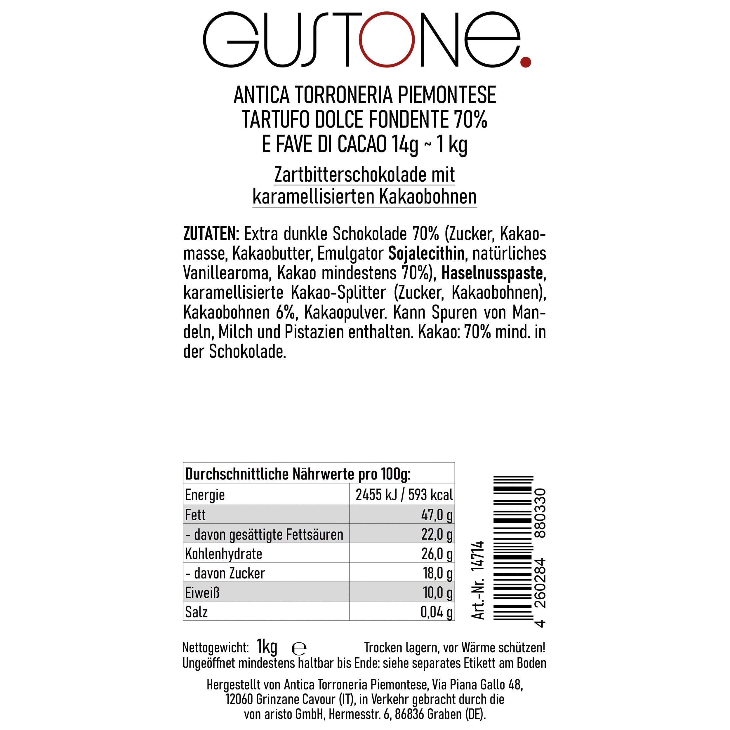 GUSTONE. Antica Torroneria Fondente 70% e Fave di Cacao 14g|1kg | 70 Stück, Tartufi Dolci, Schokoladentrüffel, italienische Confiserie-Tradition, glutenfrei, ohne Zusatzstoffe