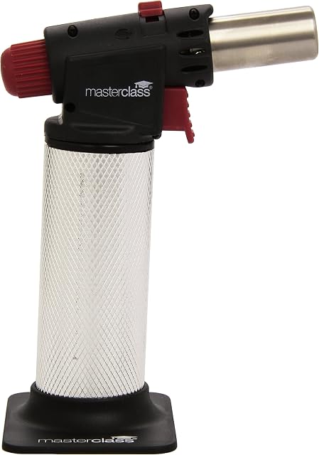MasterClass Blow Torch, Refillable Kitchen Gas Torch, Adjustable Anti-flare Flame, Non-Slip Metal Design, Silver/Black/Red