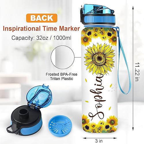 Miniatura 6 de Hyturtle Botella de agua motivacional personalizada de girasoles de 32 onzas, 1 litro, botella de agua de girasol con seguimiento de nombre