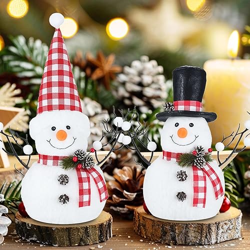 Miniatura 3 de Paquete de 2 decoraciones de mesa de Navidad rojas y blancas, decoraciones de muñeco de nieve de Navidad iluminadas de 14 pulgadas, muñeco de nieve