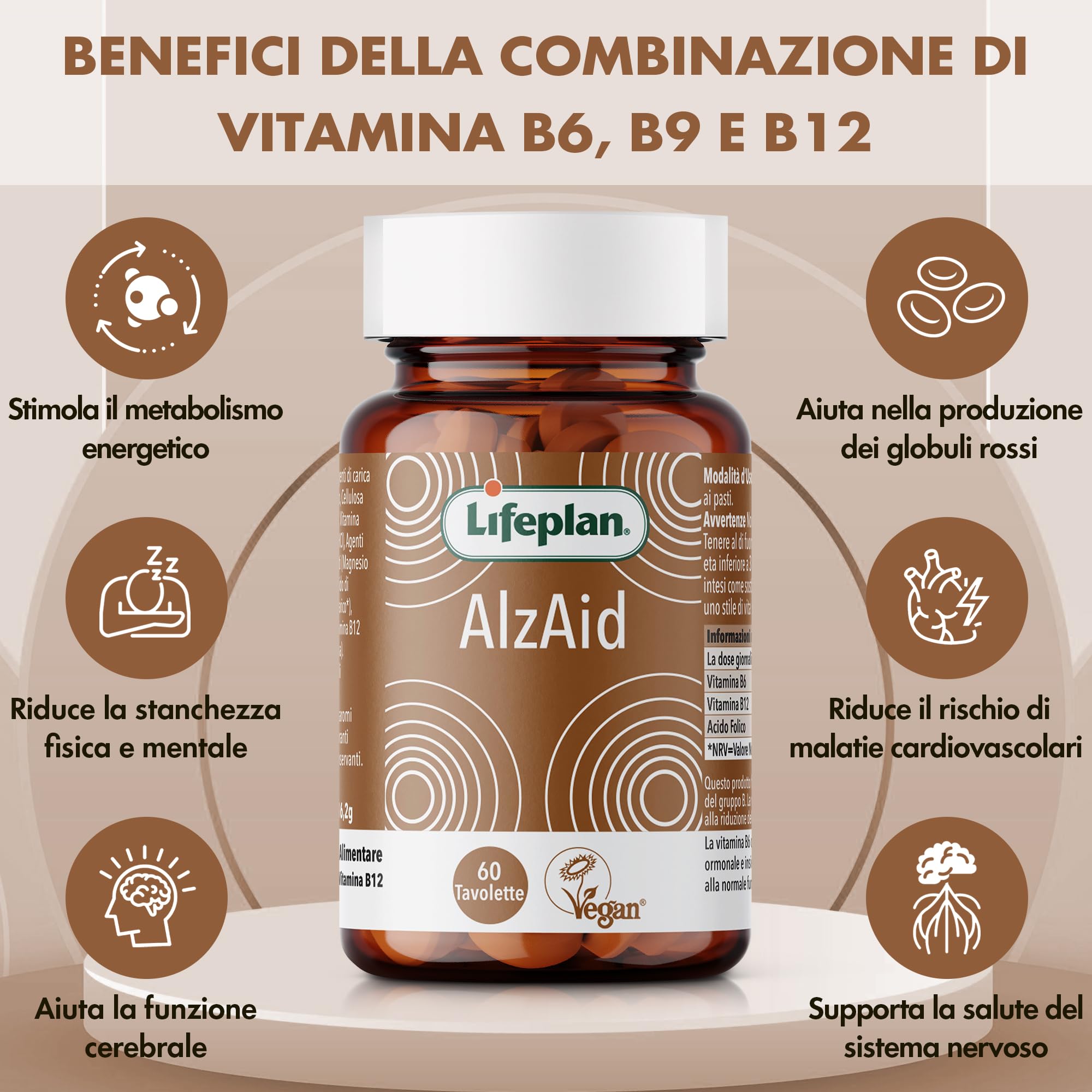 Vitamina B6 B9 B12 Acido Folico (60 Compresse Vegan, Scorta 4 Mesi) LIFEPLAN Alzaid - Integratori Stanchezza con Complesso Vitamina B complex, Vitamina B12, Vitamina B9, Vitamina B6, Vitamine gruppo B