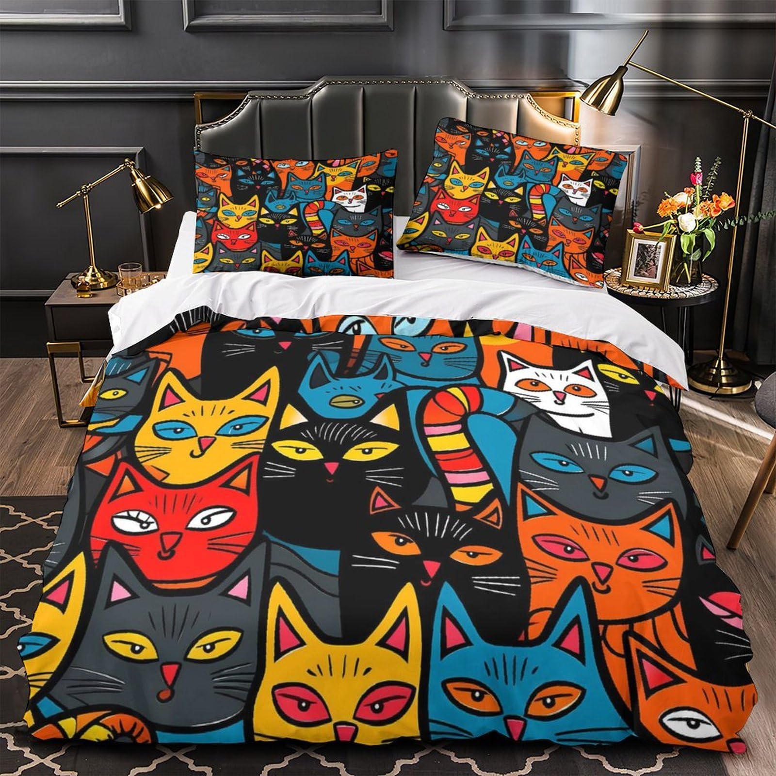 Housse de couette chat 140x200 parure de lit enfant fille microfibre 3D douce et résistante