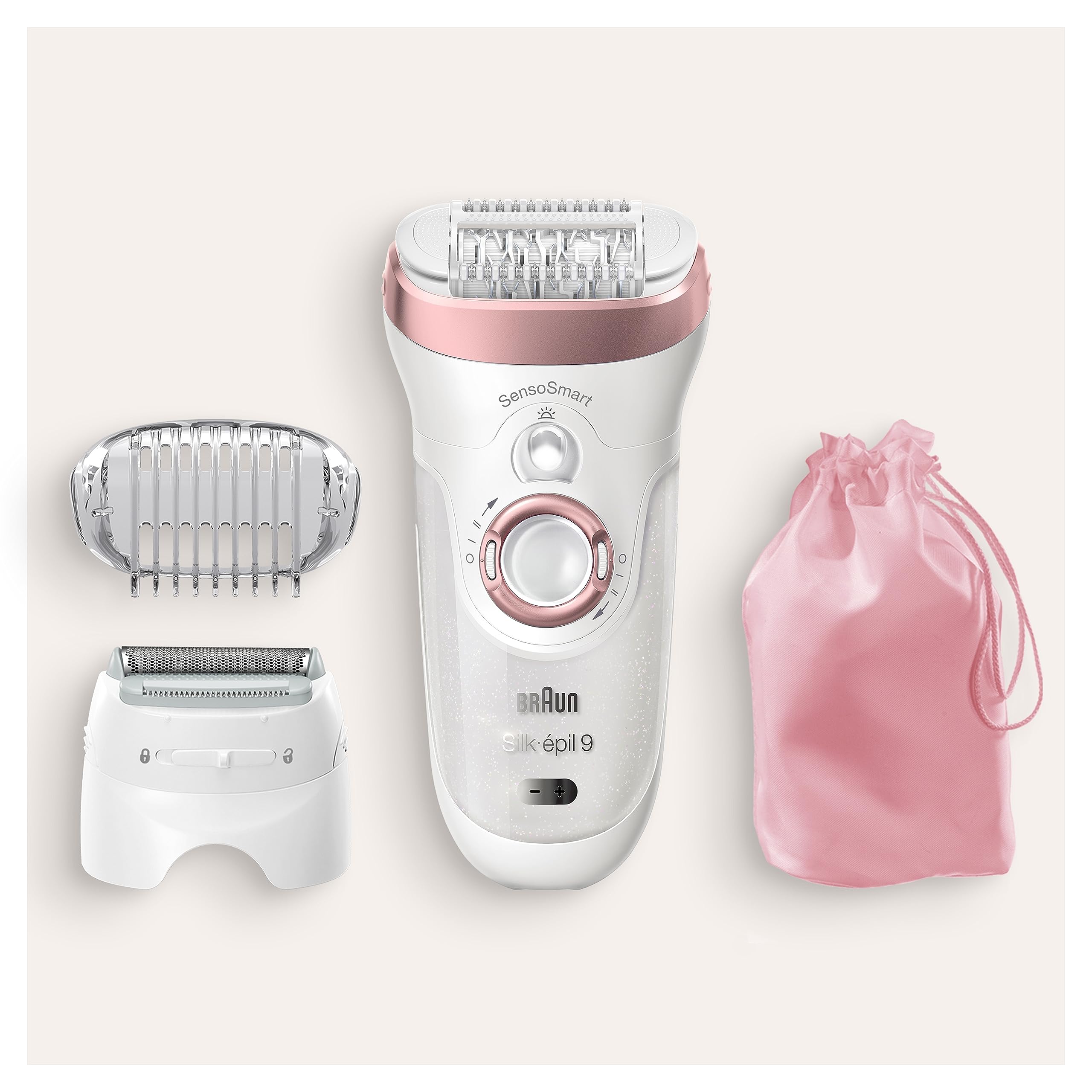 Braun Silk-épil 9 Epilierer Damen / Haarentferner für langanhaltende Haarentfernung, Aufsätze für Rasierer, Trimmer und Massage für Körper, Tasche, 9-730, weiß/roségold