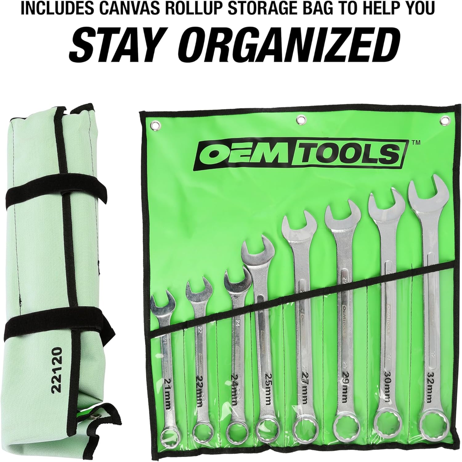 OEMTOOLS Jumbo Combination Wrench Set, 8-Piece Metric, 21-32mm, Heavy-Duty Automotive, Roll-Up Storage Bag