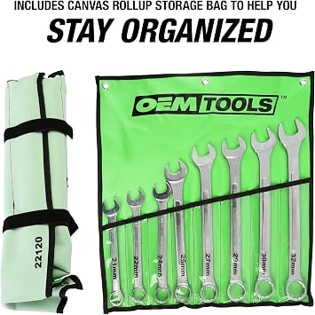 OEMTOOLS 22120 8 Piece Combination Wrench Set | 21, 22, 24, 25, 27, 29, 30, 32 mm | Box End & Offset Open-End Combination Wrenches | Automobile Repair & Home Use | Green Canvas Tool Roll Included