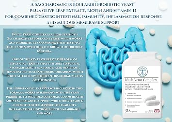 Biotic Yeast Complex – Saccharomyces Boulardii 5 Billion CFU for Travel, Post-Antibiotic & Yeast Balance Support with Olive Leaf, Vitamin D & Biotin – 30 Vegan Capsules