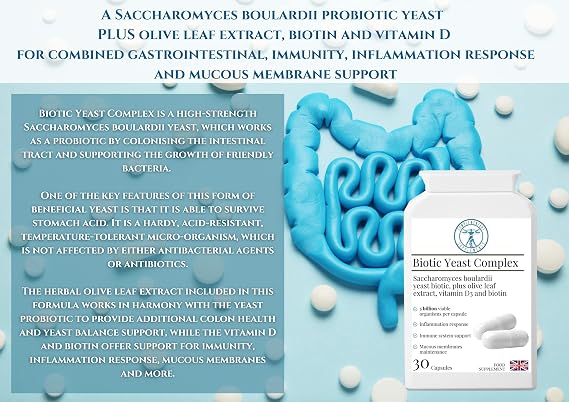 Biotic Yeast Complex – Saccharomyces Boulardii 5 Billion CFU for Travel, Post-Antibiotic & Yeast Balance Support with Olive Leaf, Vitamin D & Biotin – 30 Vegan Capsules