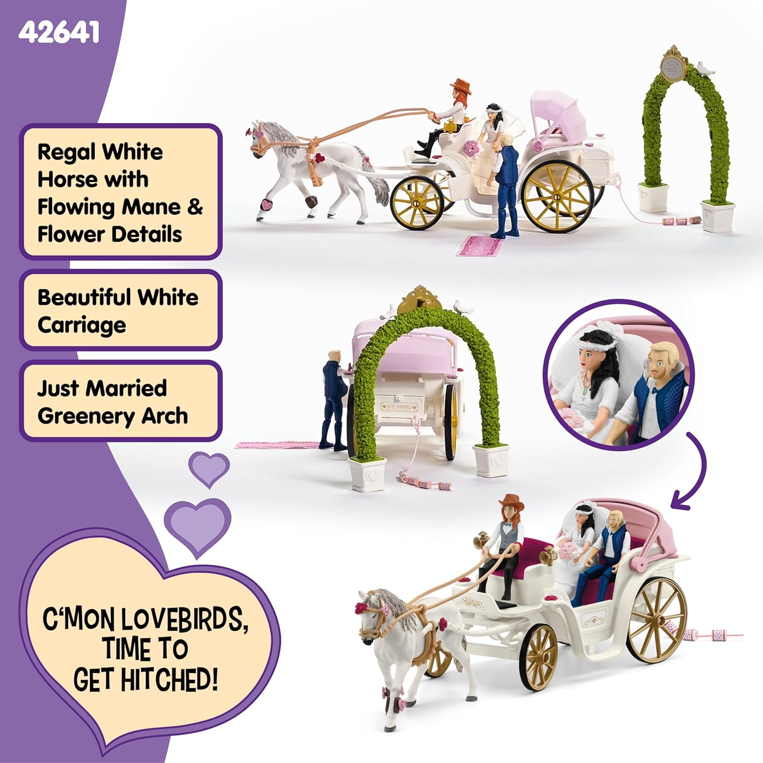 schleich Horse Club - 106 PC Wedding Carriage Playset with Bride, Groom, Driver, and White Steed - Decorated Horse Drawn Coach with Wheels for Girls, Boys - Equestrian Toy Set - Kids 5+ | 42641