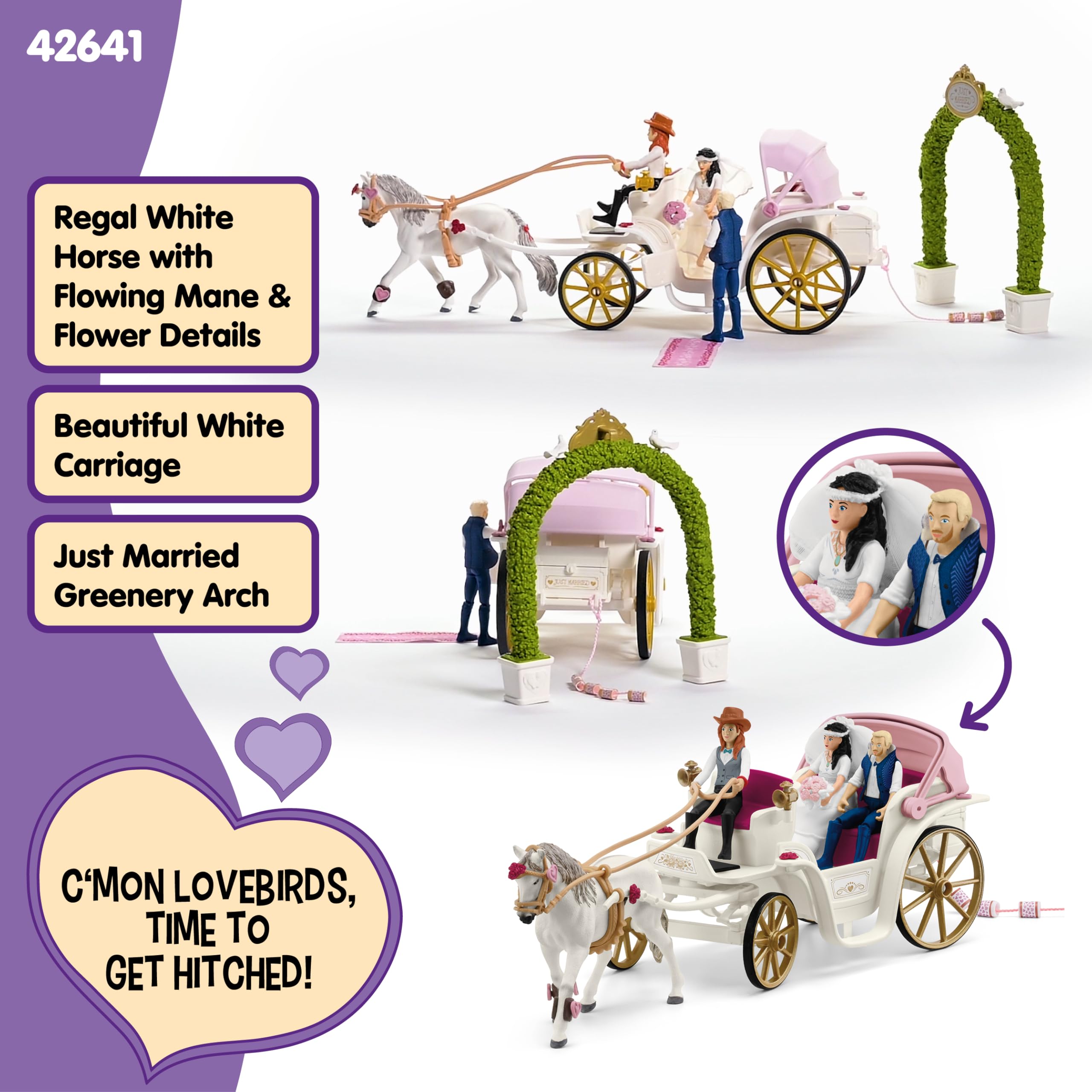 schleich HORSE CLUB | Kareta weselna 42641 | para młoda Emily i Toby z karetą, Hannah i koniem oraz akcesoriami | wspaniały prezent dla dziewczynek i chłopców | zabawka od 5lat | zestaw 106 elementów