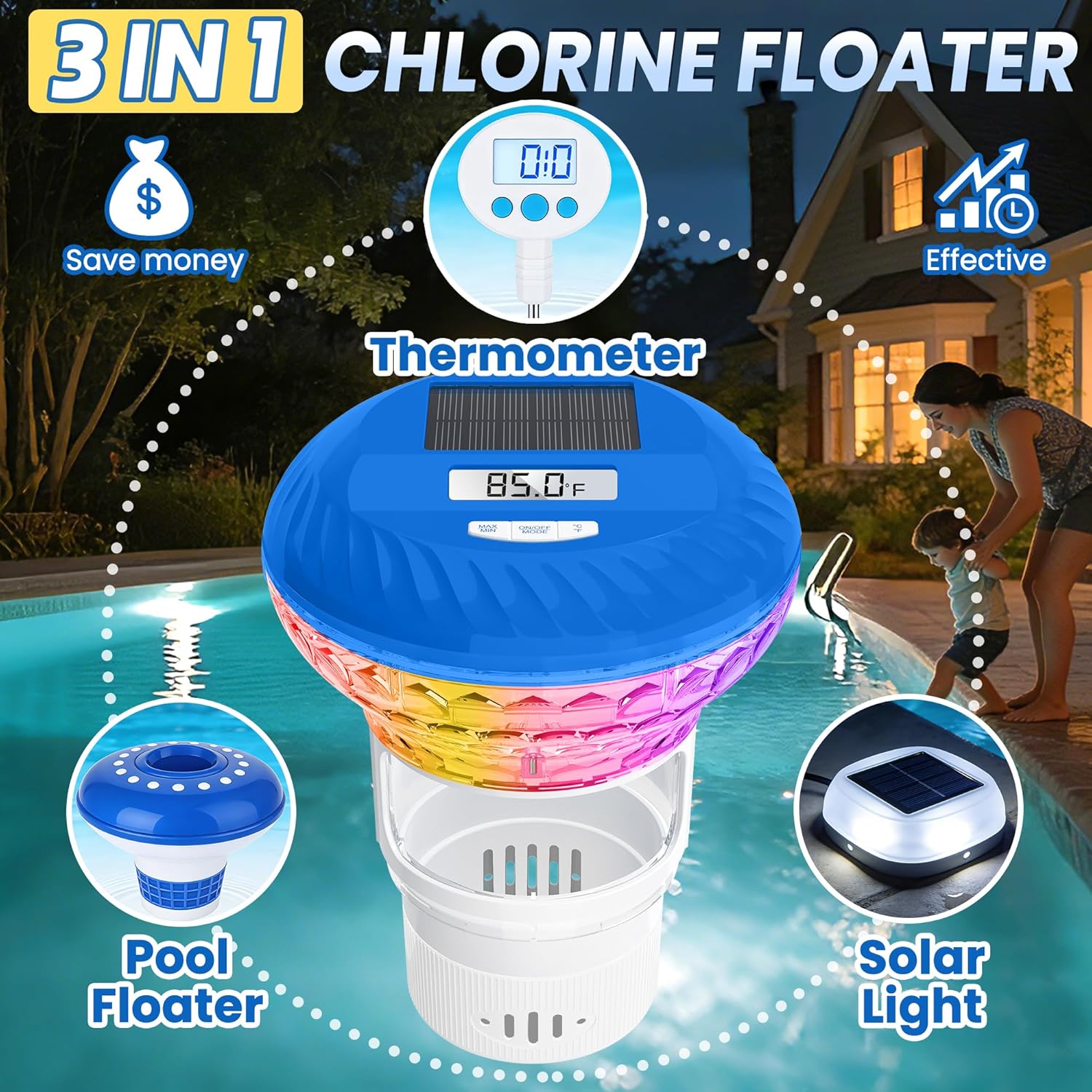 2026 Upgraded Pool Chlorine Floater with Thermometer, Digital Screen Pool Chlorine Floater,Solar Pool Chlorine Floaters with Light, Button Control Floating Chlorine Dispenser for Pool (White)