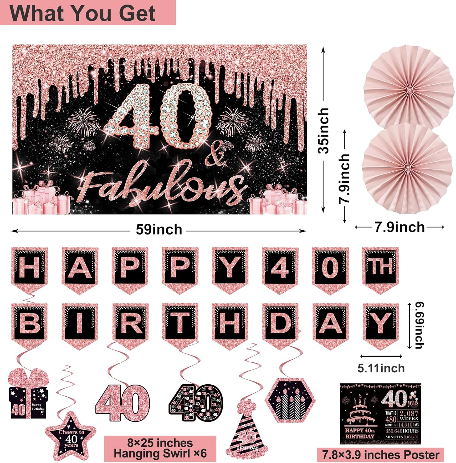 40th Birthday Decorations for Women,32PCS 40th Birthday Party Decorations,Including Backdrop, Crown, Sash, banner, Hanging Swirl,Cake Topper,balloons,Paper Fans,Anniversary Card and paper fans - Image 3