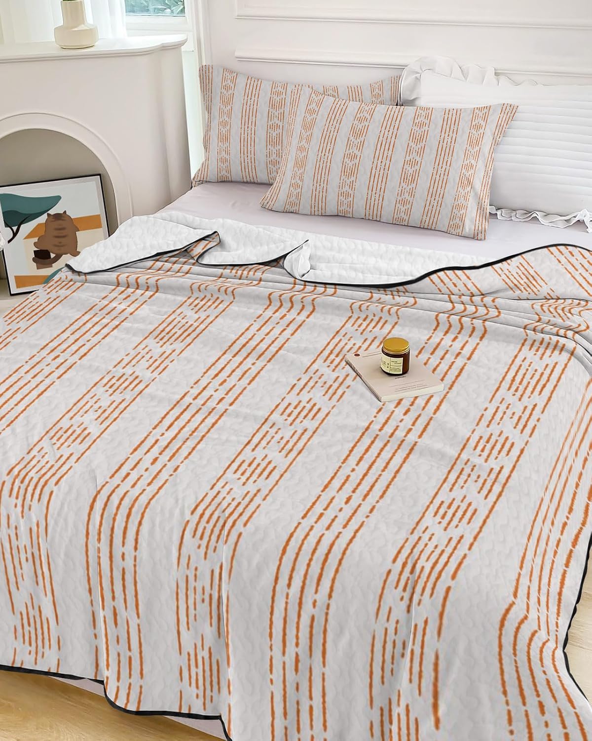Queen Size Quilt Set, Vintage Bohemian Stripes Lightweight Bedspread Coverlet Set Soft Microfiber Summer Quilt with 2 Pillow Shams, Orange and Grey 3 Piece Comforter Bedding Set
