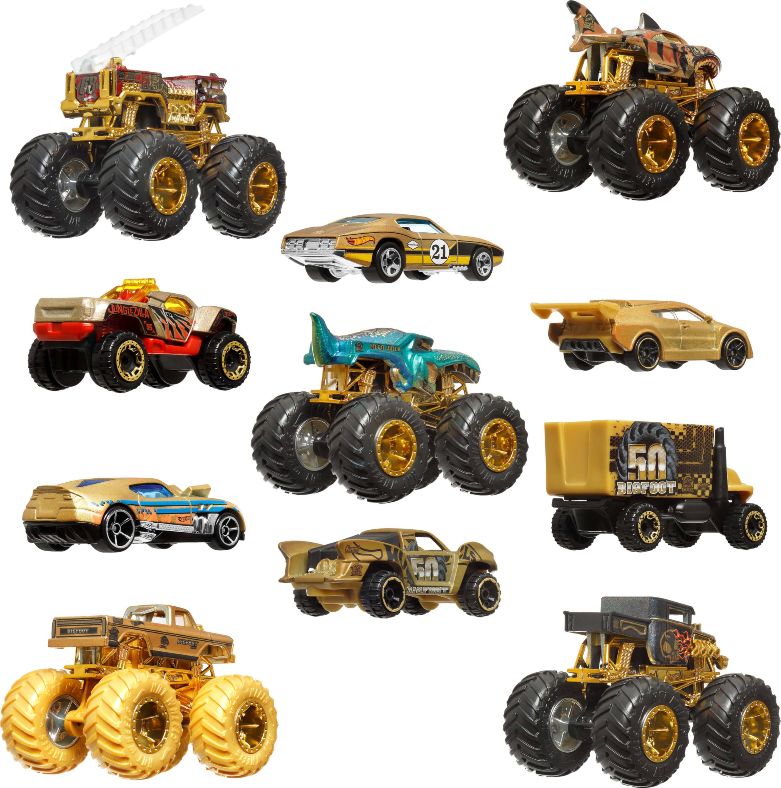 Hot Wheels Monster Trucks Campeones de trofeo Colección de coches y camiones, con vehículos metálicos: Bigfoot, 5-Alarm, Bone Shaker, Mega-Wrex y Tiger Shark, además de seis coches, JDW07 — view 5