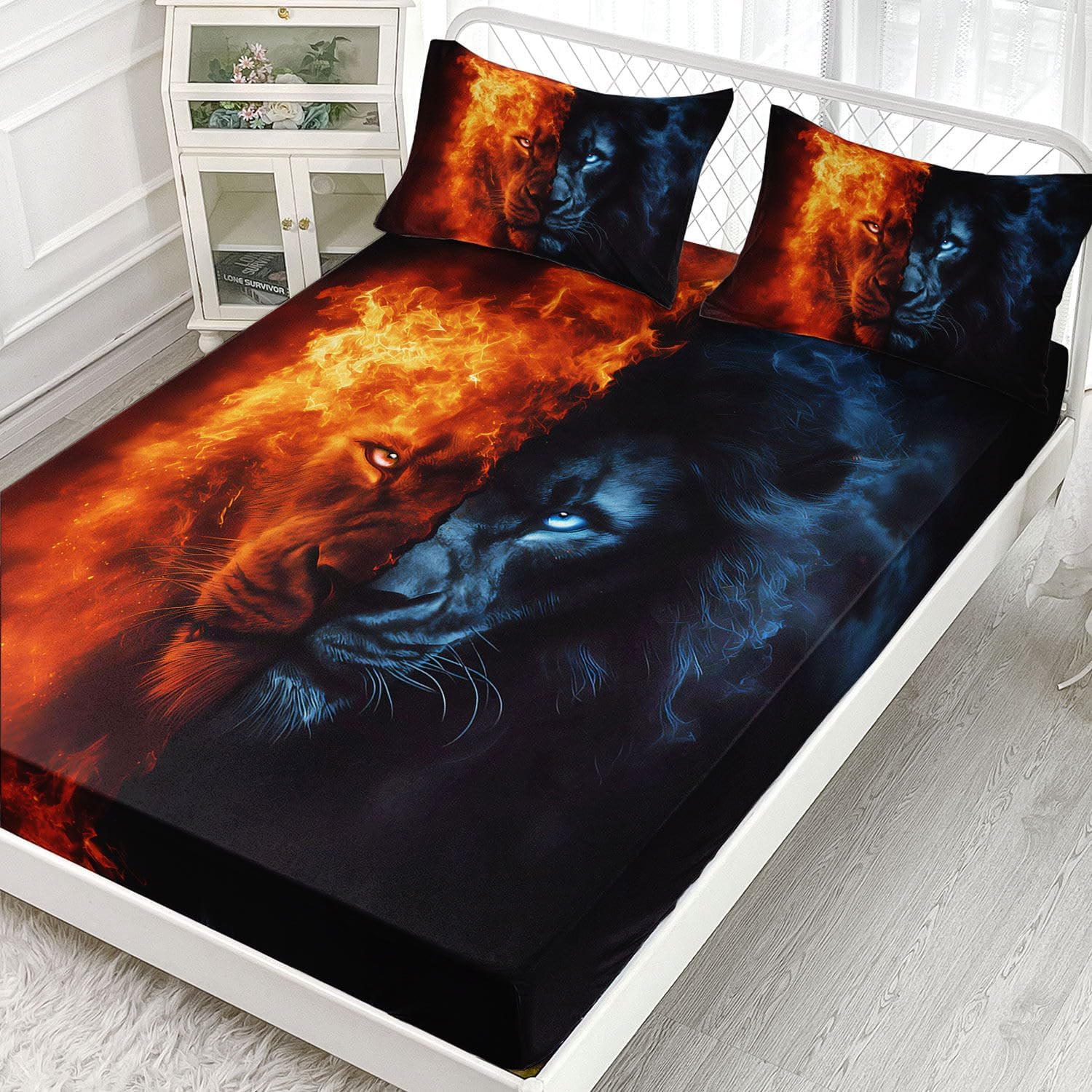 Ice and Fire Lion Printed Full Sheets Set 4 Pcs Bed Sheet for Teens,Boys,Girls,with 1 Flat and 1 Fitted Sheet + 2 Pillowcases(Lion Full)