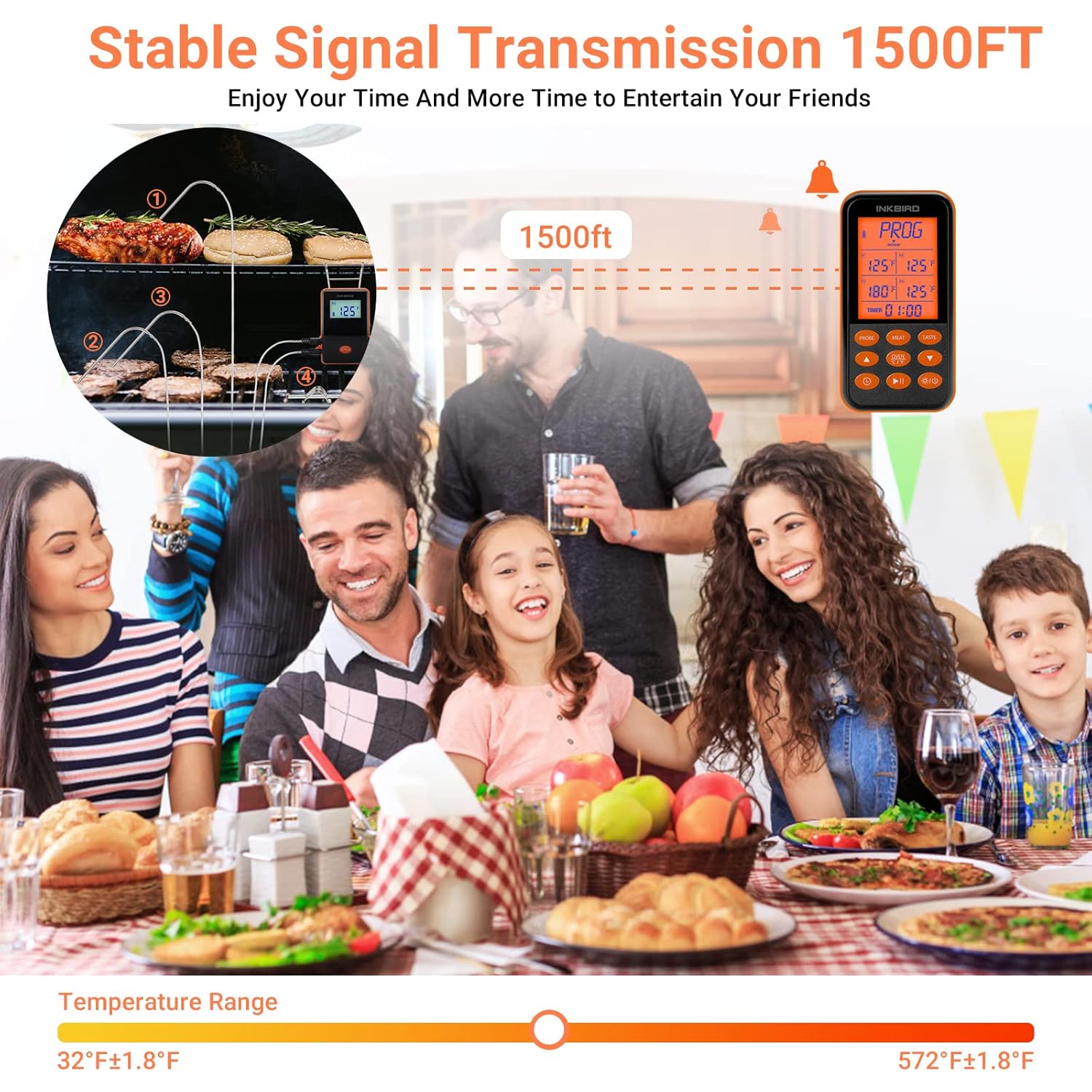 Image showing the INKBIRD IRF-4S in an outdoor grilling setting, emphasizing its 1500ft stable signal transmission range.