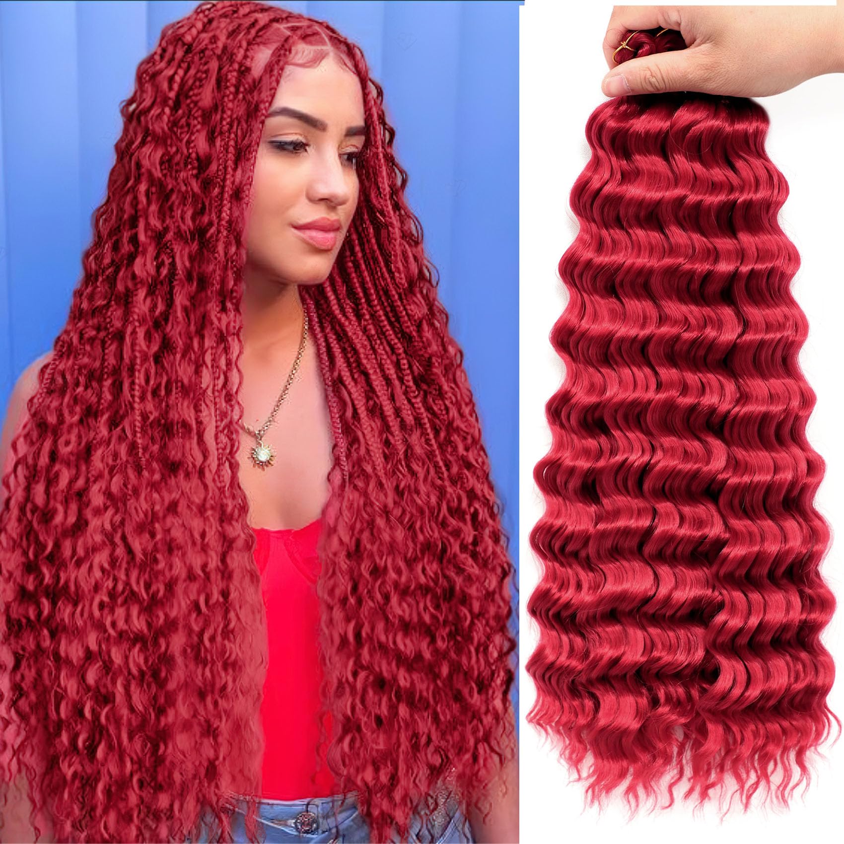 Eerya Long Curly Braiding Hair 18 Inch 4 Packs Red Deep Ocean Wave Crochet Hair for Black Women Deep Wave Braiding Hair for Boho Braids (18 inch, Red)