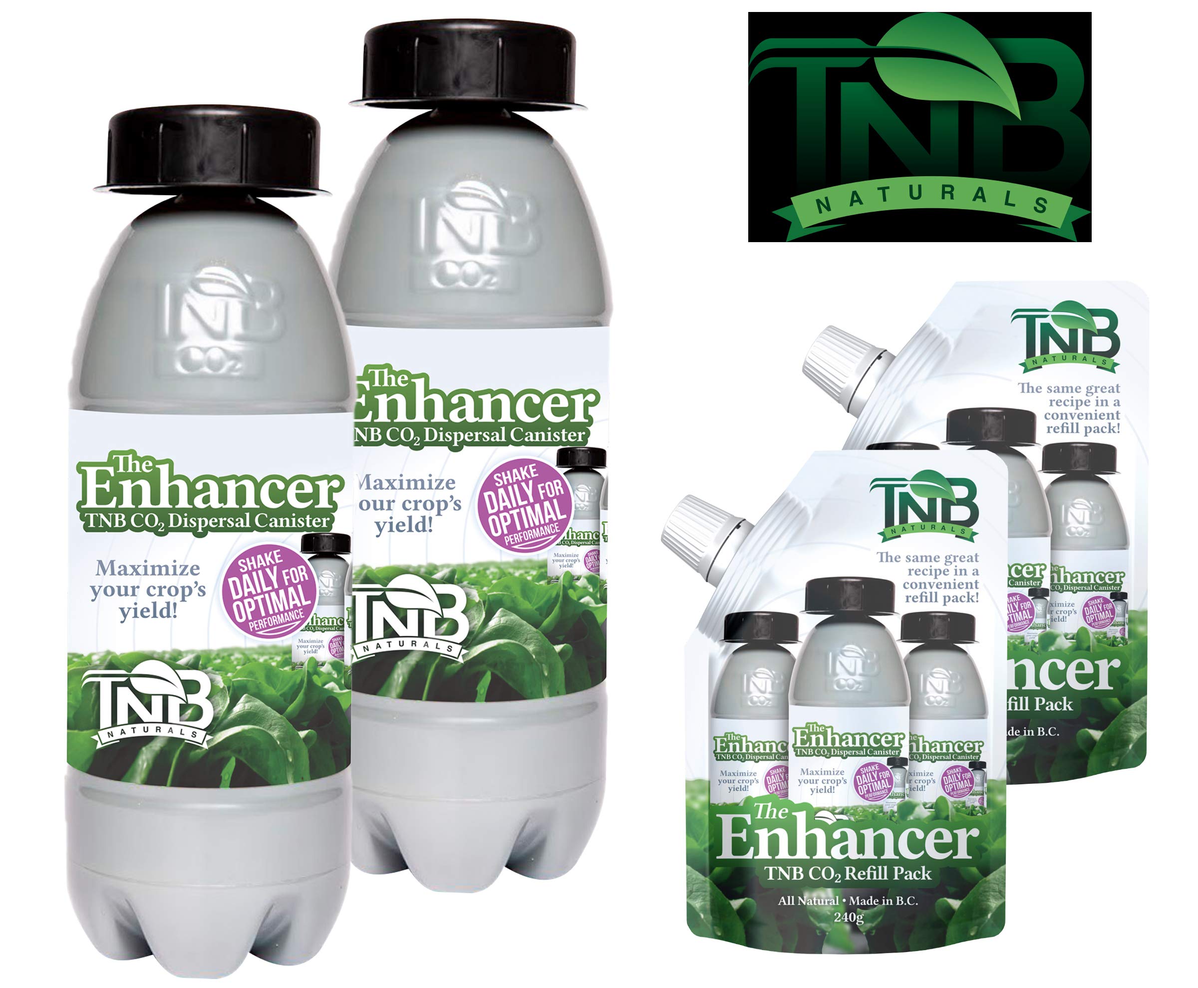 TNB Naturals CO2 Enhancer Dual Packs (2 Canisters & 2 Refills) - 1200 ppm in 12x12x12 Area - Organic - Activates with Warm Water - 2+ Week Lifespan